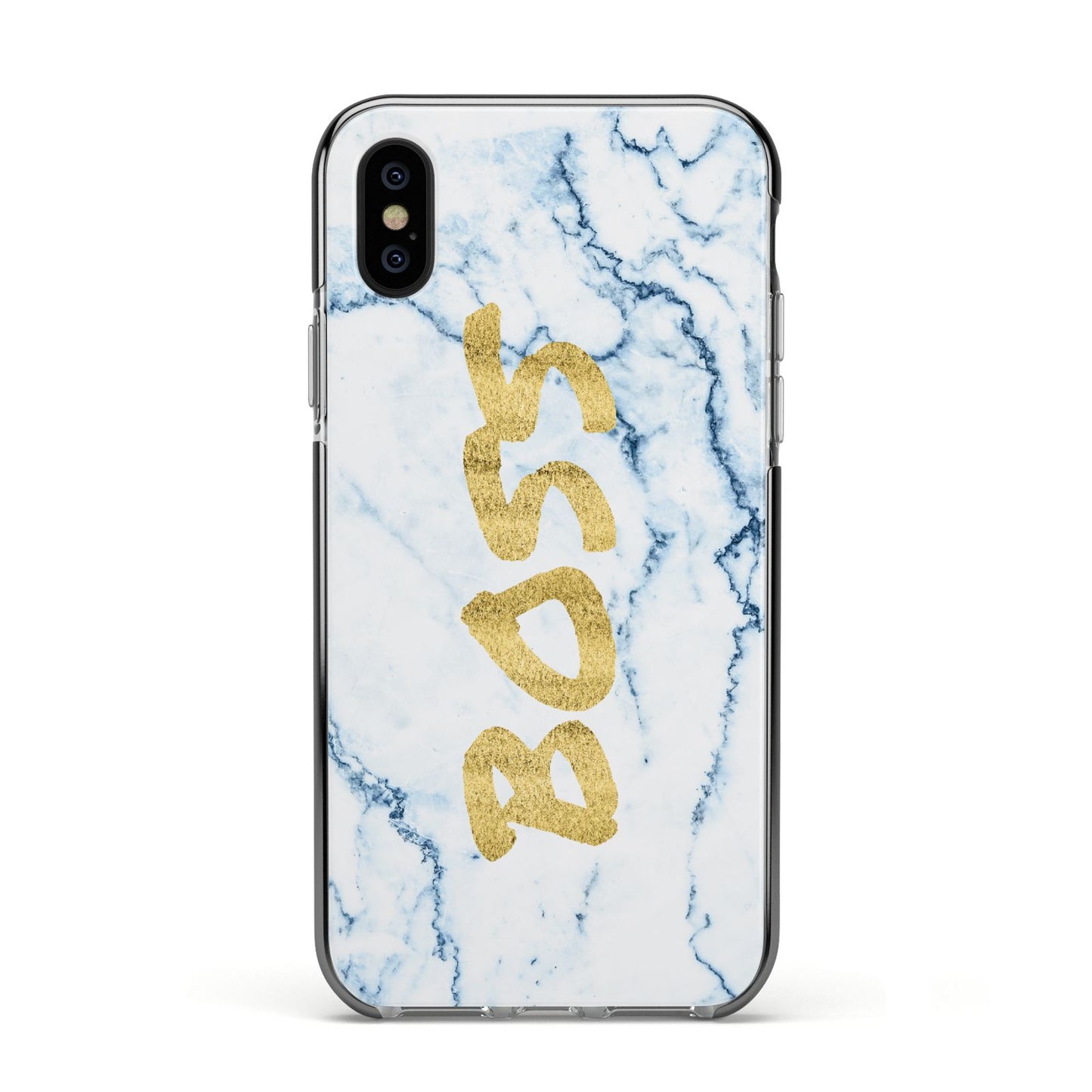 Boss Gold Blue Marble Effect Apple iPhone Xs Impact Case Black Edge on Black Phone