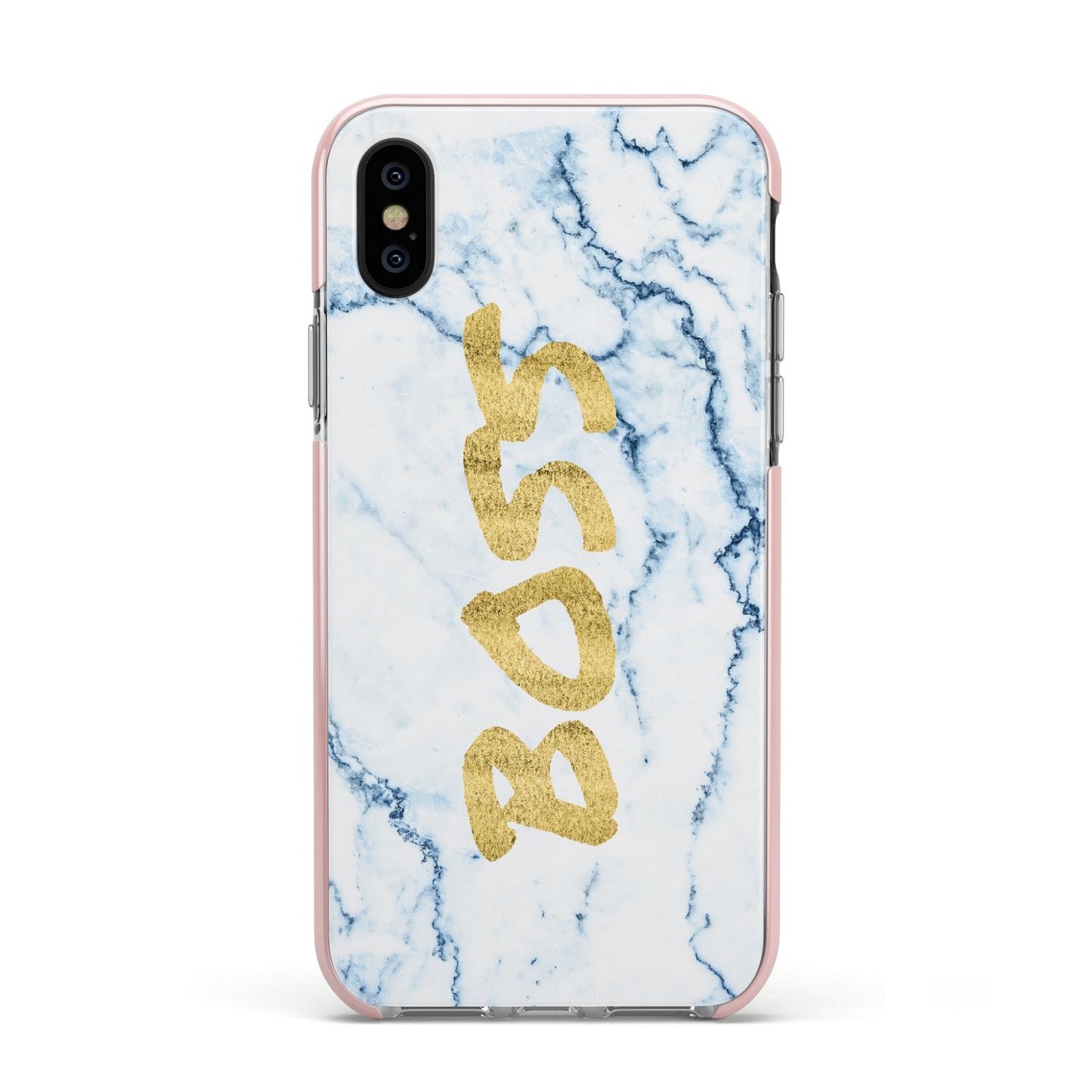 Boss Gold Blue Marble Effect Apple iPhone Xs Impact Case Pink Edge on Black Phone