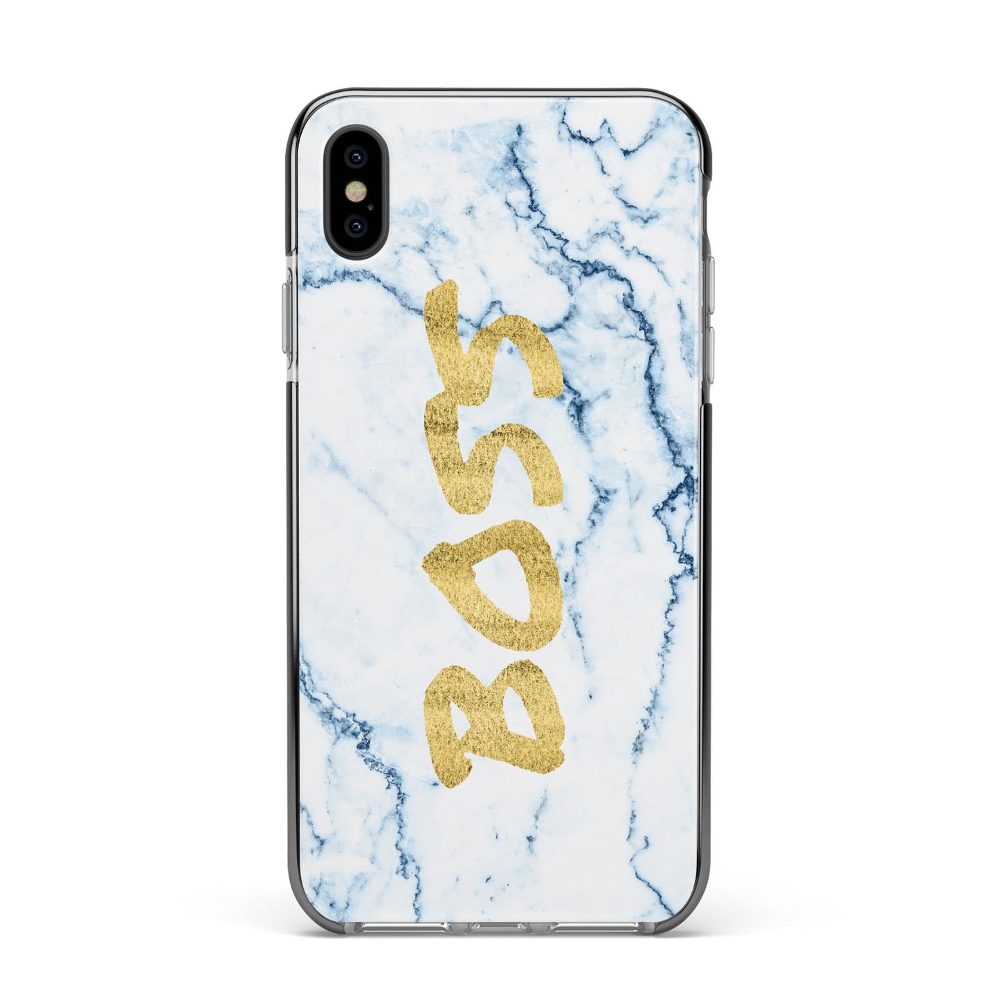 Boss Gold Blue Marble Effect Apple iPhone Xs Max Impact Case Black Edge on Black Phone