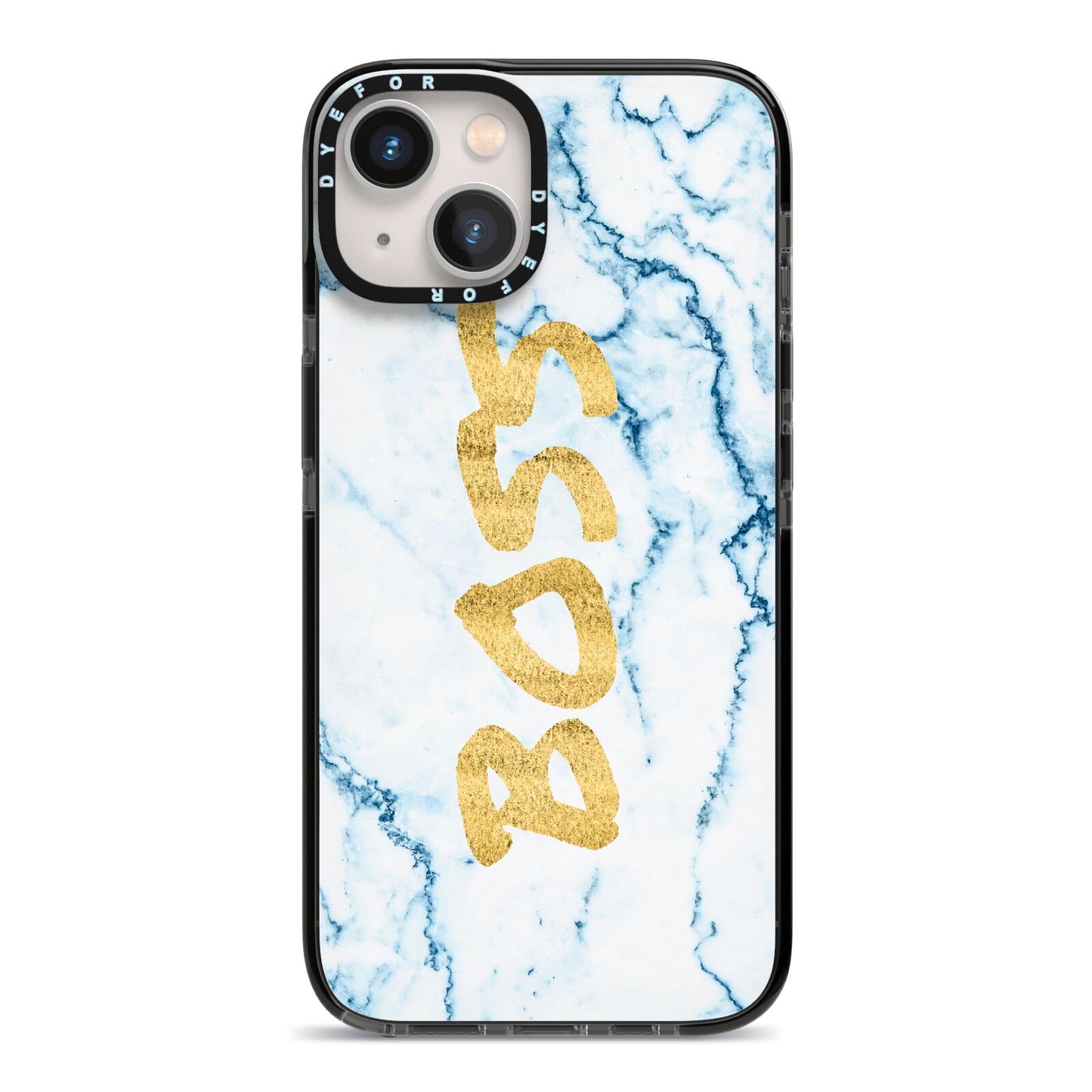 Boss Gold Blue Marble Effect iPhone 13 Black Impact Case on Silver phone