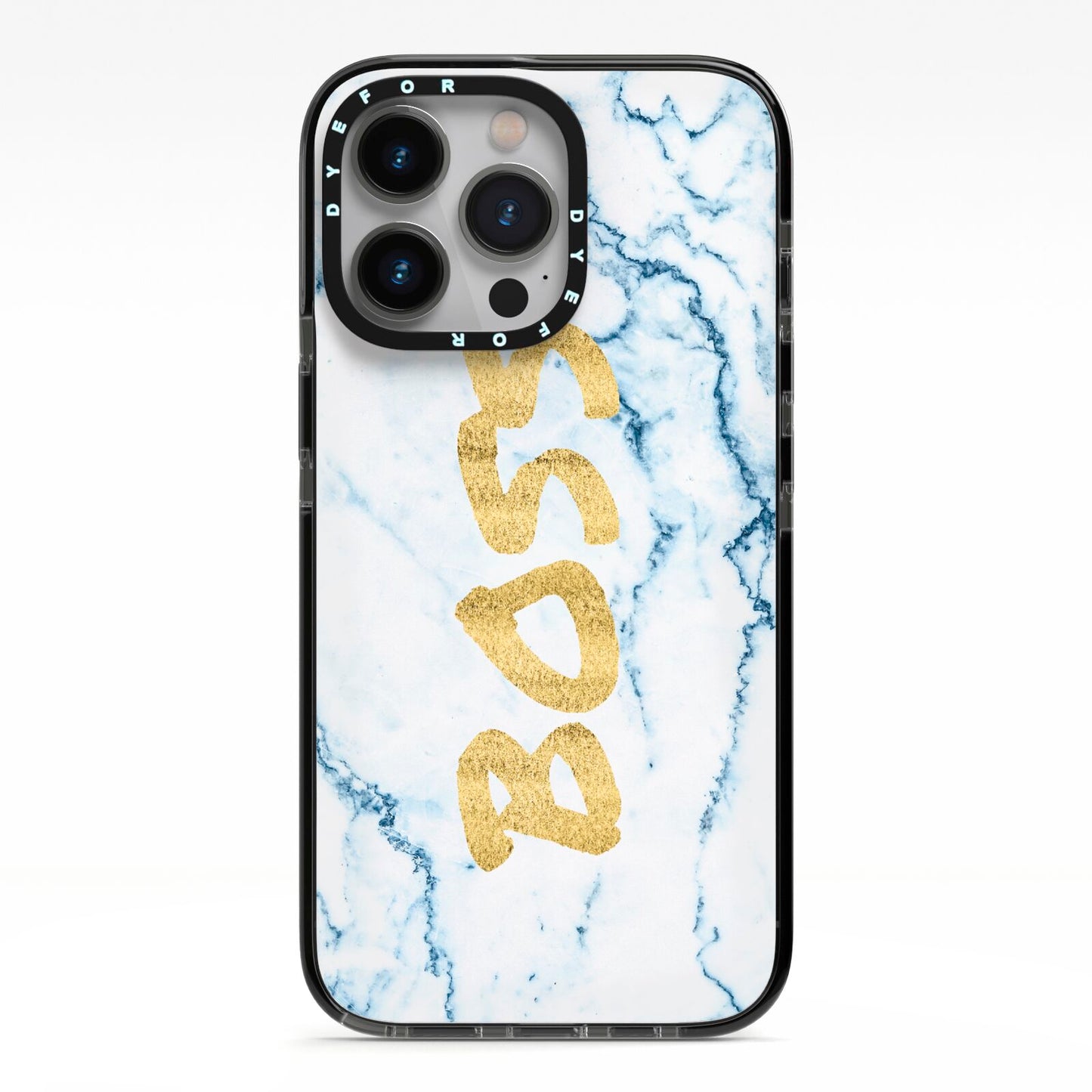 Boss Gold Blue Marble Effect iPhone 13 Pro Black Impact Case on Silver phone