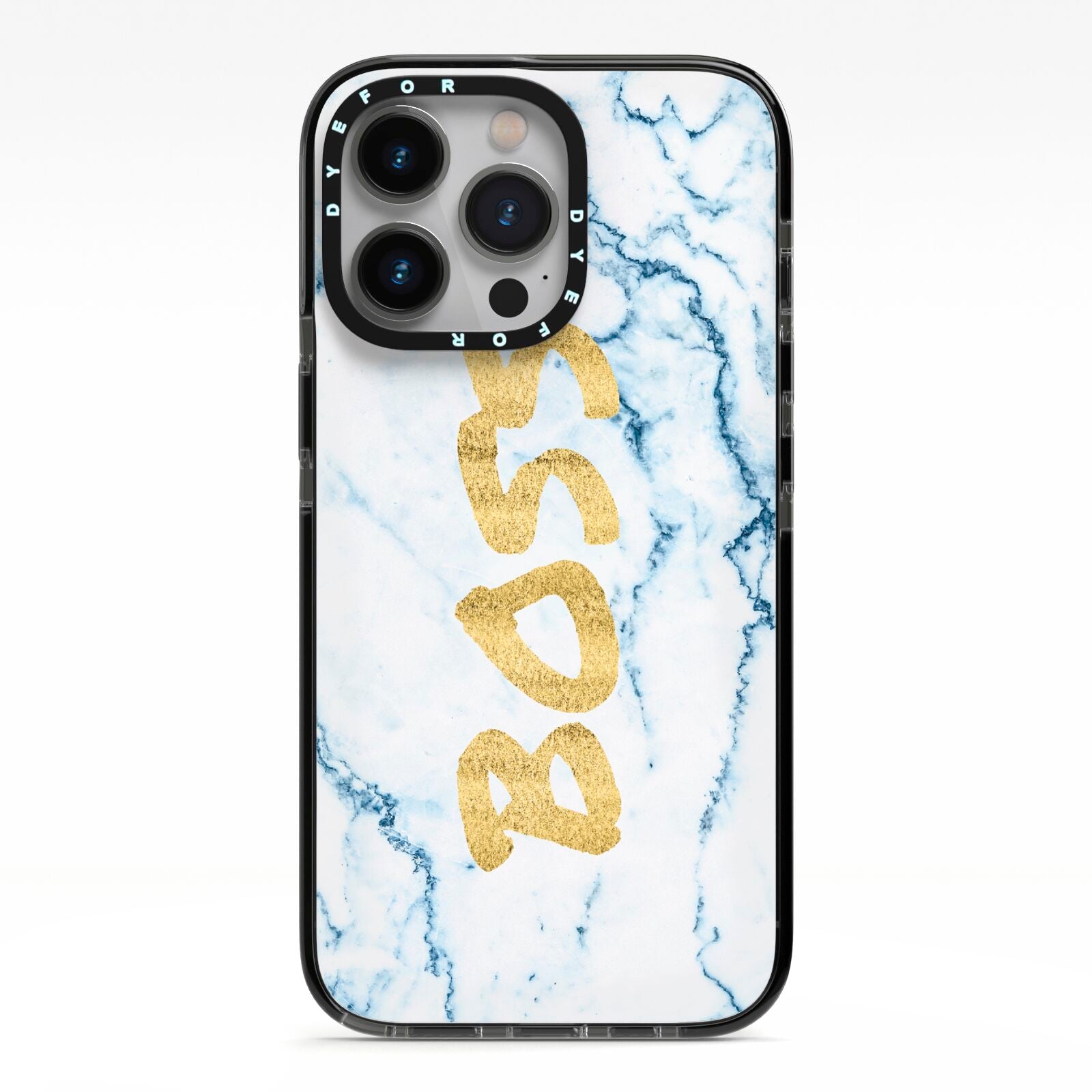 Boss Gold Blue Marble Effect iPhone 13 Pro Black Impact Case on Silver phone