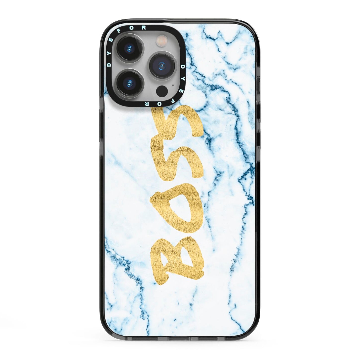 Boss Gold Blue Marble Effect iPhone 13 Pro Max Black Impact Case on Silver phone