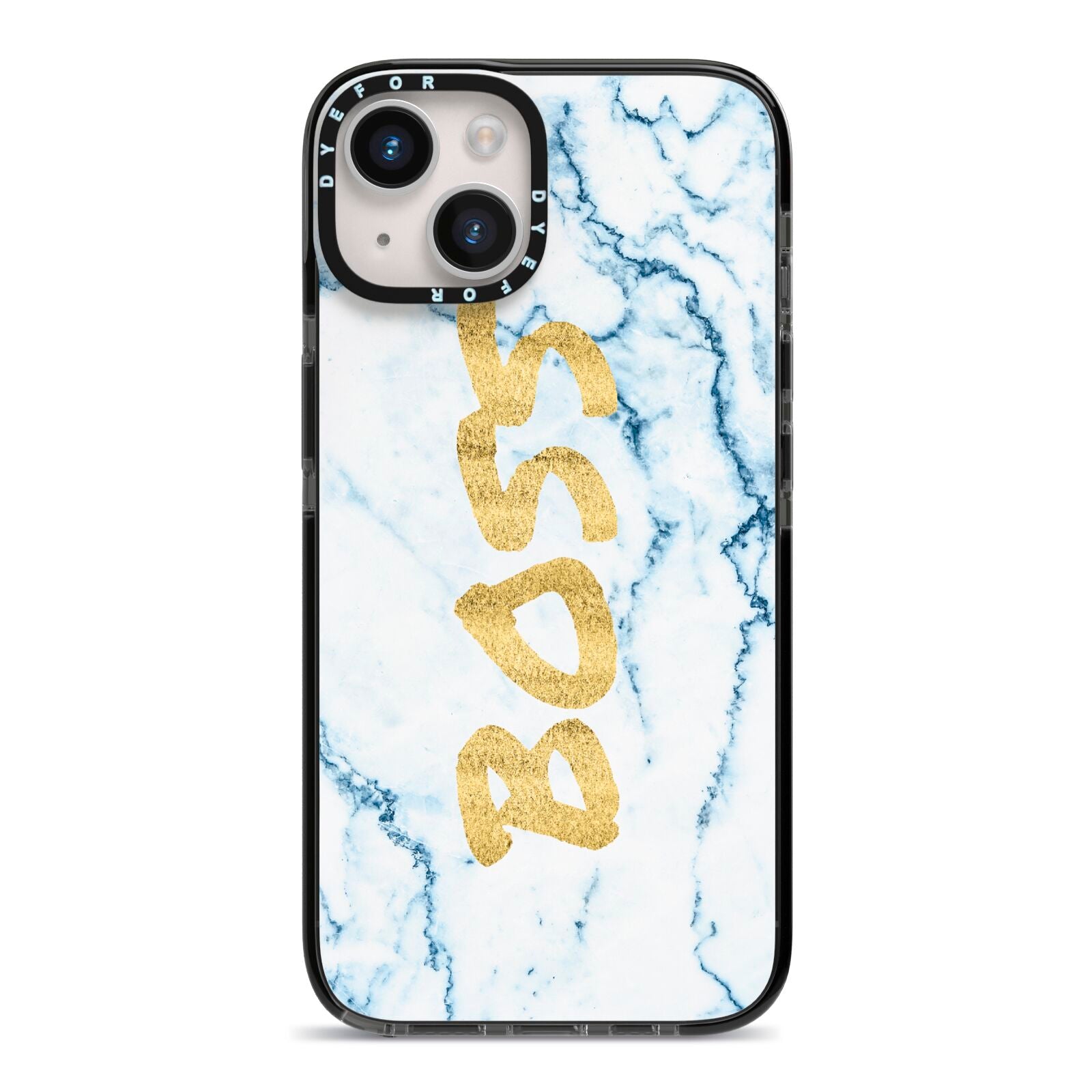 Boss Gold Blue Marble Effect iPhone 14 Black Impact Case on Silver phone