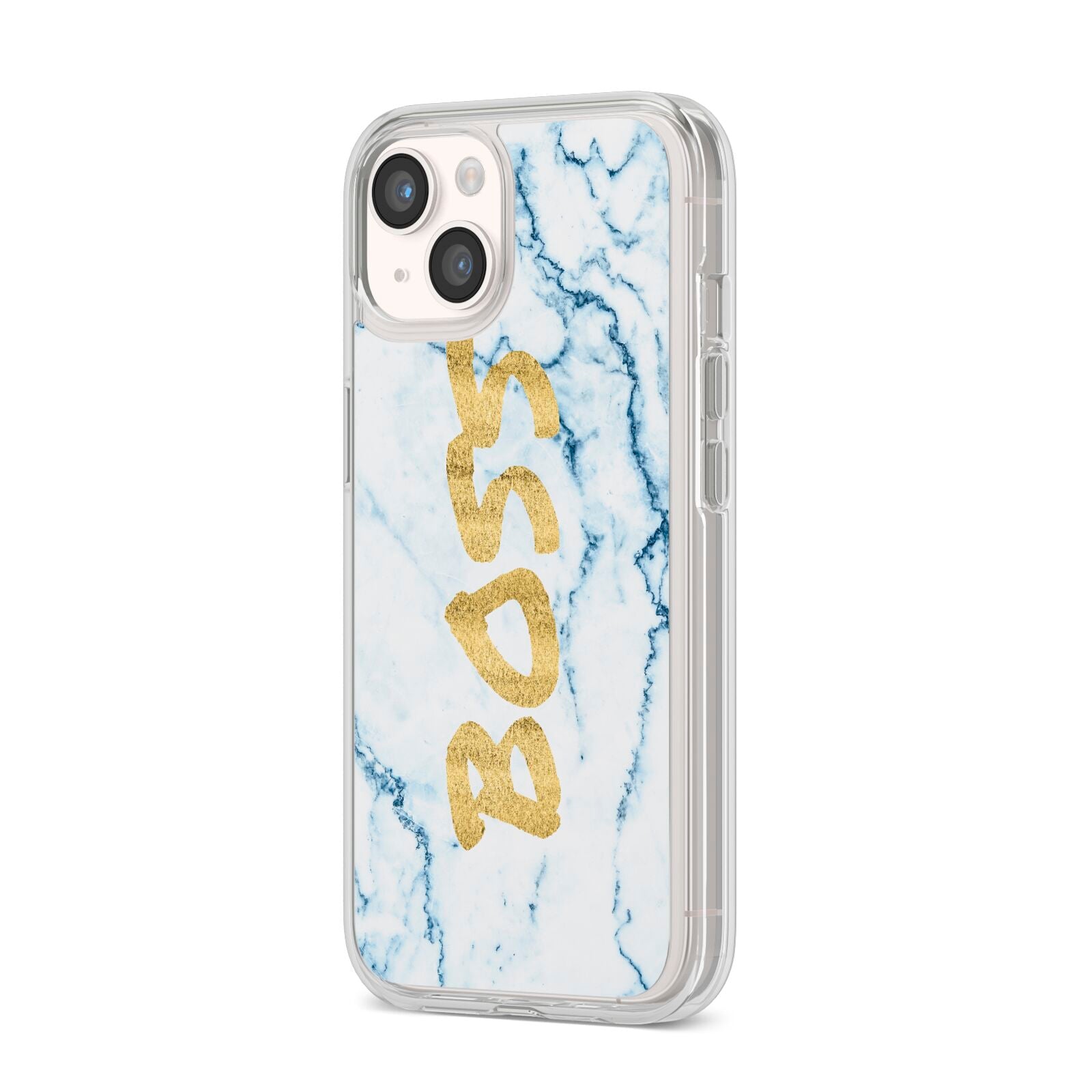 Boss Gold Blue Marble Effect iPhone 14 Clear Tough Case Starlight Angled Image