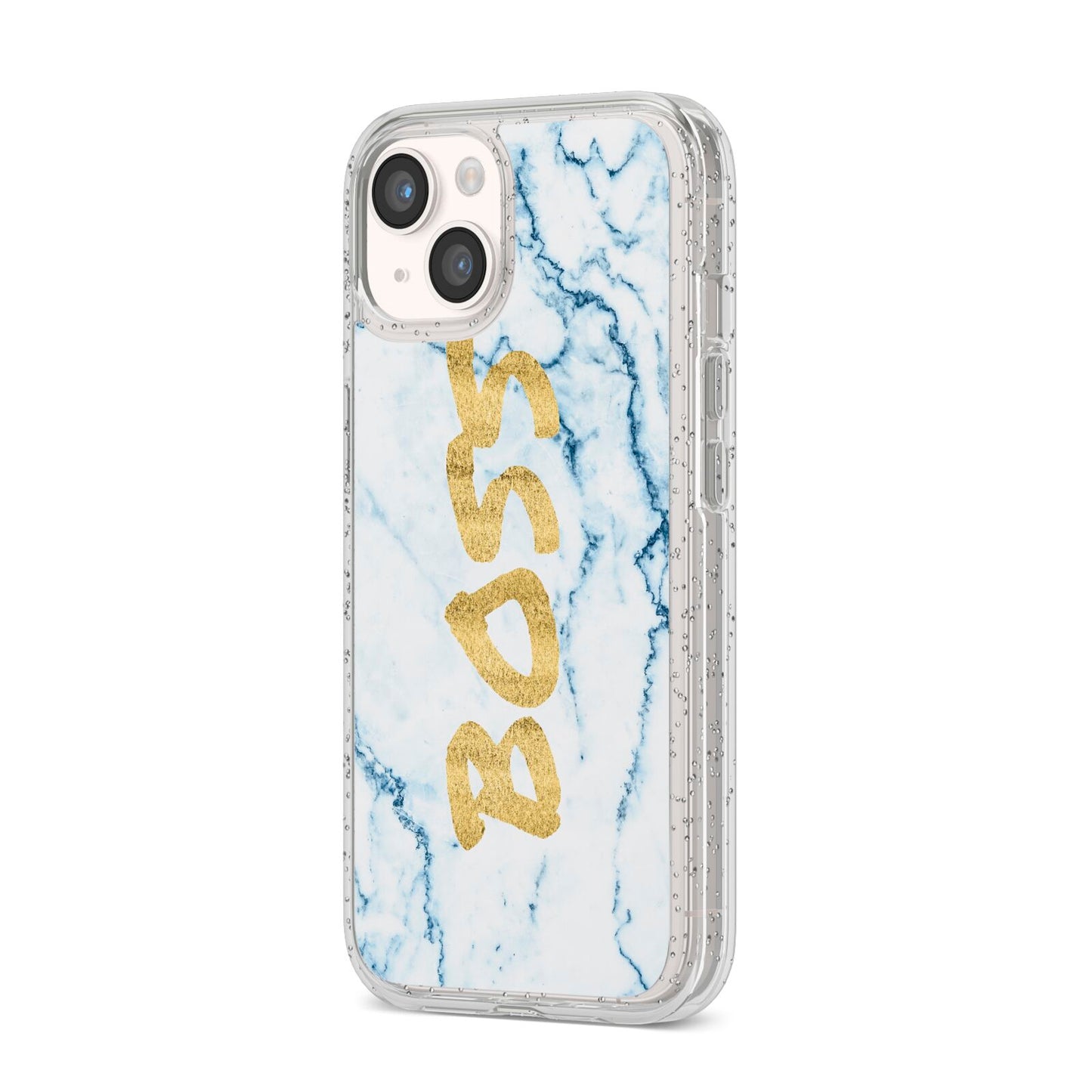 Boss Gold Blue Marble Effect iPhone 14 Glitter Tough Case Starlight Angled Image