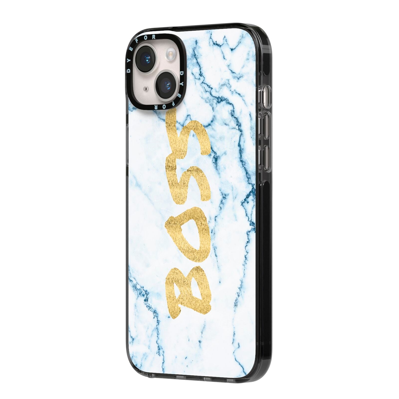 Boss Gold Blue Marble Effect iPhone 14 Plus Black Impact Case Side Angle on Silver phone