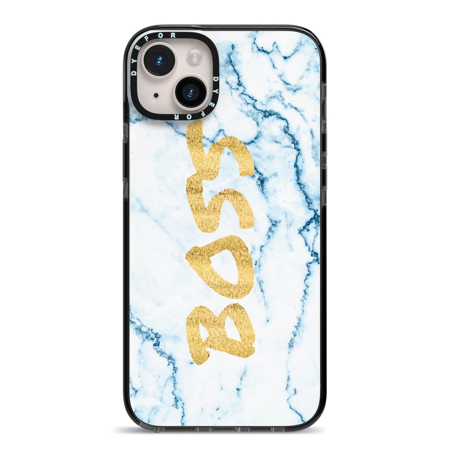 Boss Gold Blue Marble Effect iPhone 14 Plus Black Impact Case on Silver phone