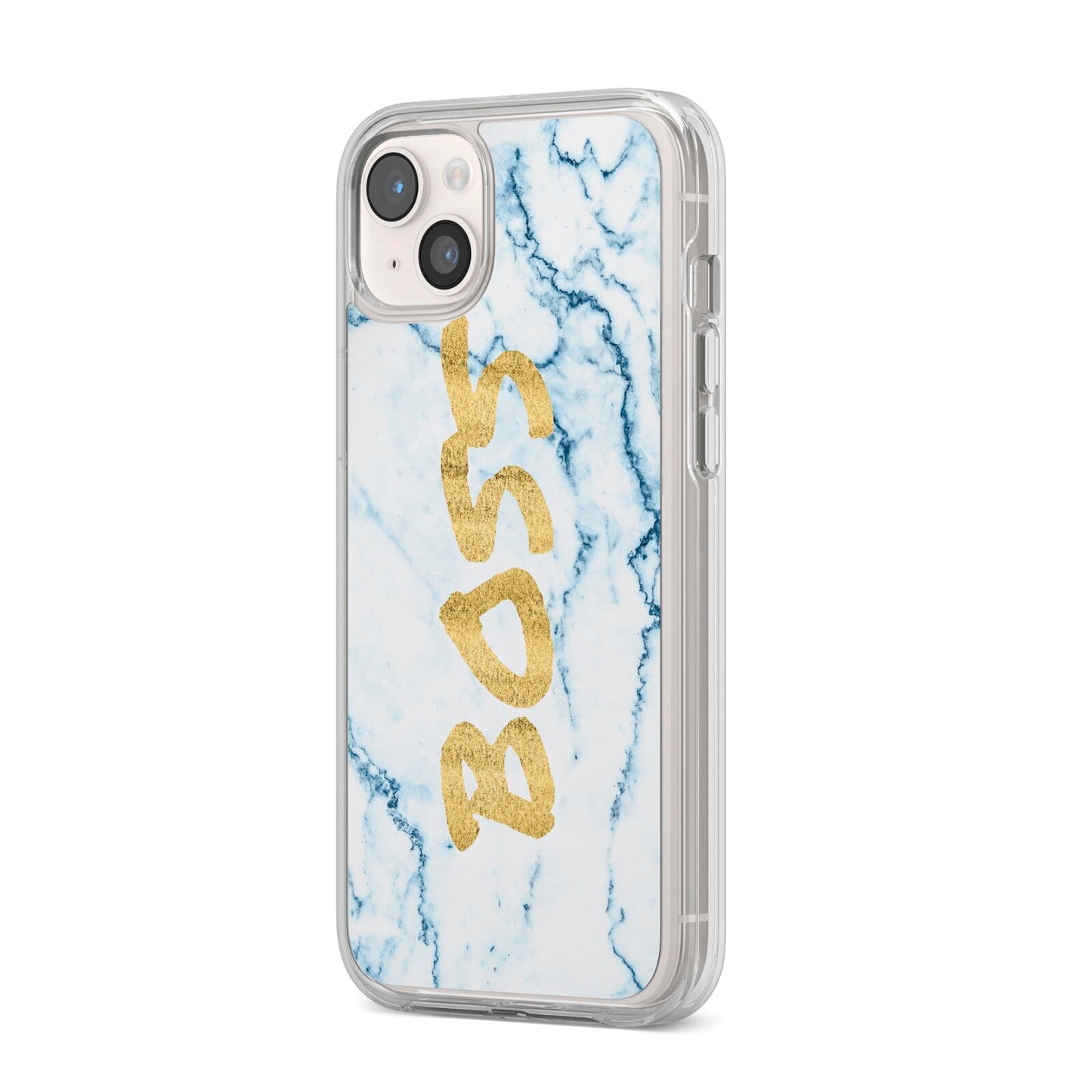 Boss Gold Blue Marble Effect iPhone 14 Plus Clear Tough Case Starlight Angled Image