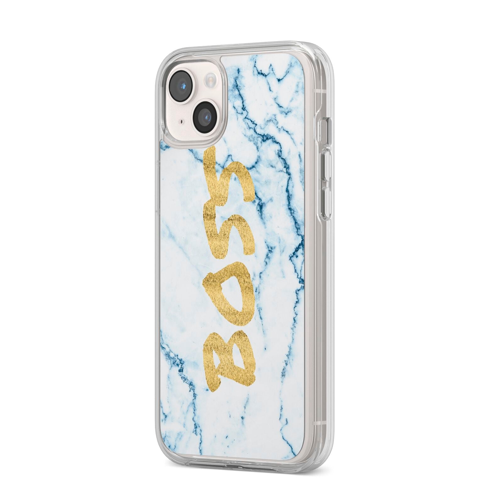 Boss Gold Blue Marble Effect iPhone 14 Plus Clear Tough Case Starlight Angled Image