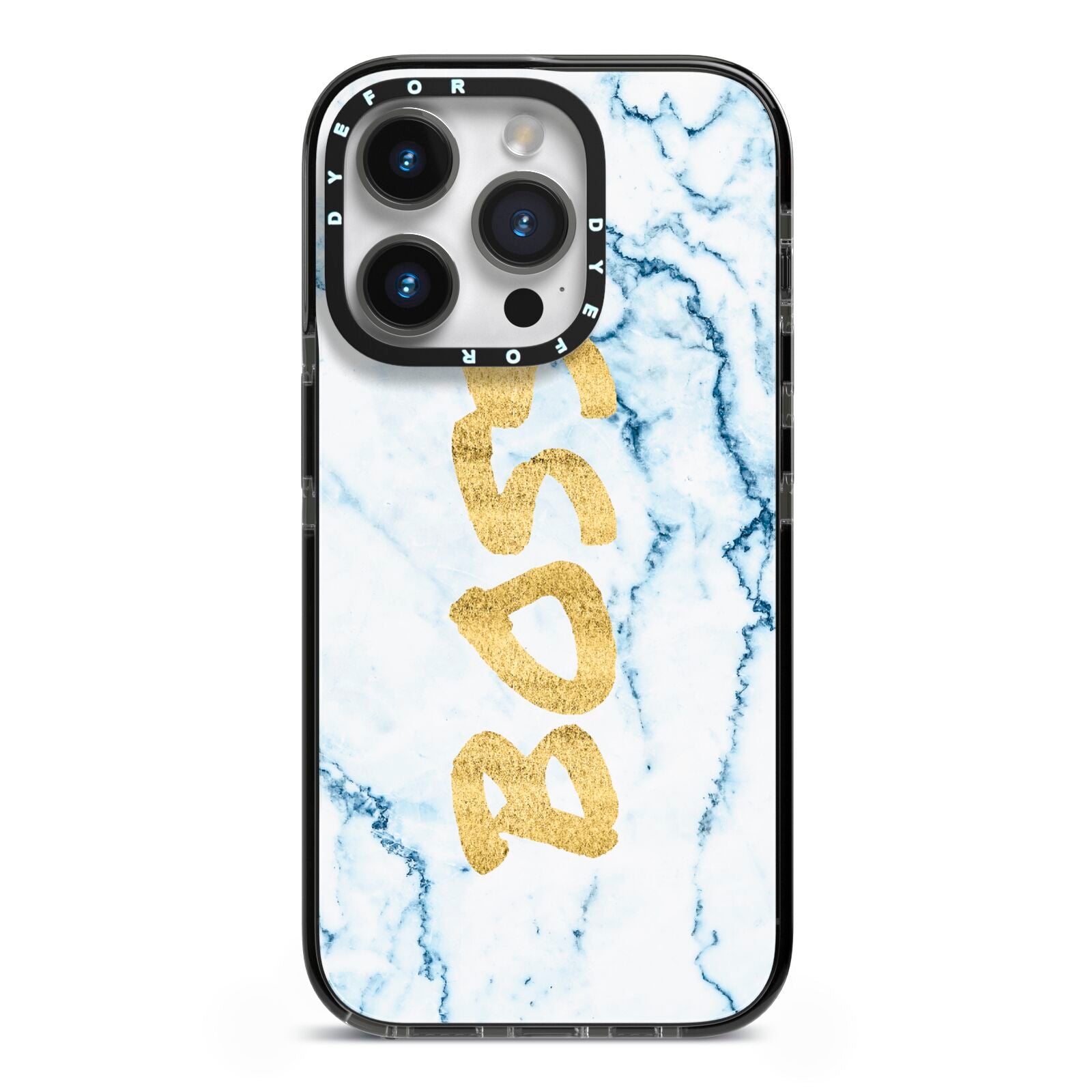 Boss Gold Blue Marble Effect iPhone 14 Pro Black Impact Case on Silver phone