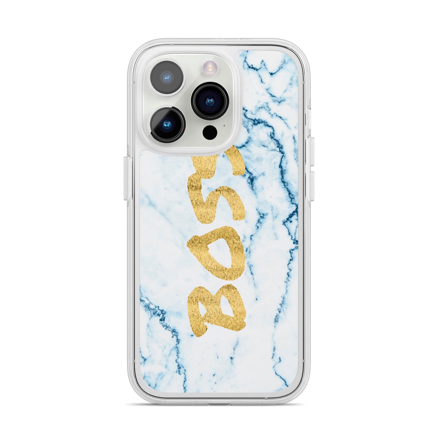 Boss Gold Blue Marble Effect iPhone 14 Pro Clear Tough Case Silver