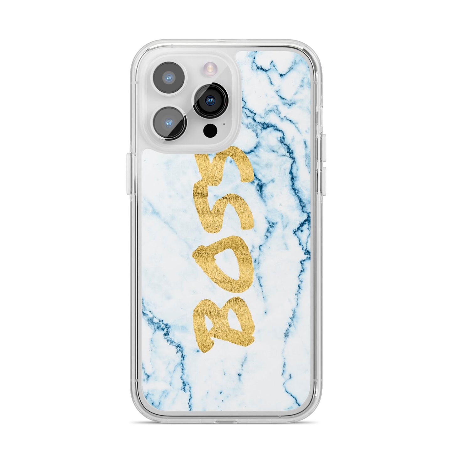 Boss Gold Blue Marble Effect iPhone 14 Pro Max Clear Tough Case Silver