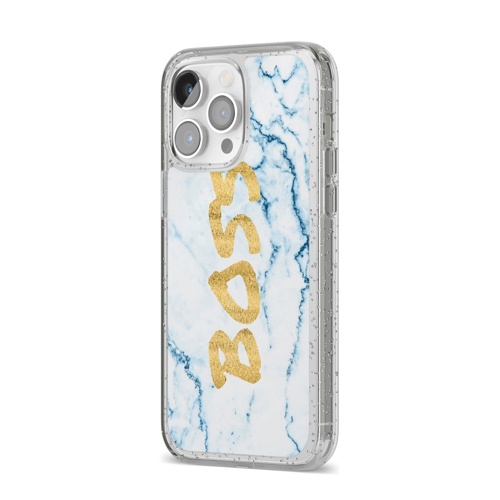 Boss Gold Blue Marble Effect iPhone 14 Pro Max Glitter Tough Case Silver Angled Image