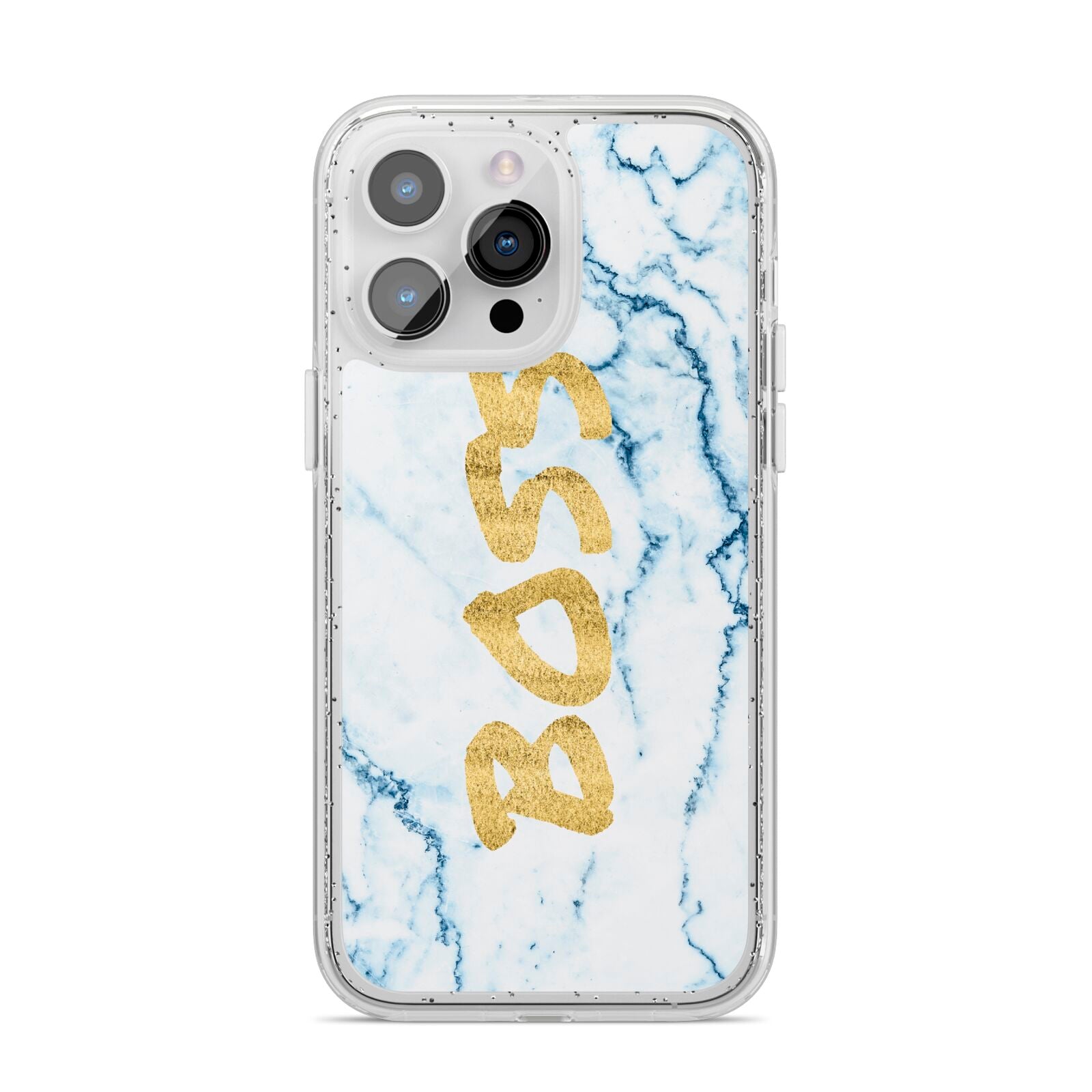 Boss Gold Blue Marble Effect iPhone 14 Pro Max Glitter Tough Case Silver