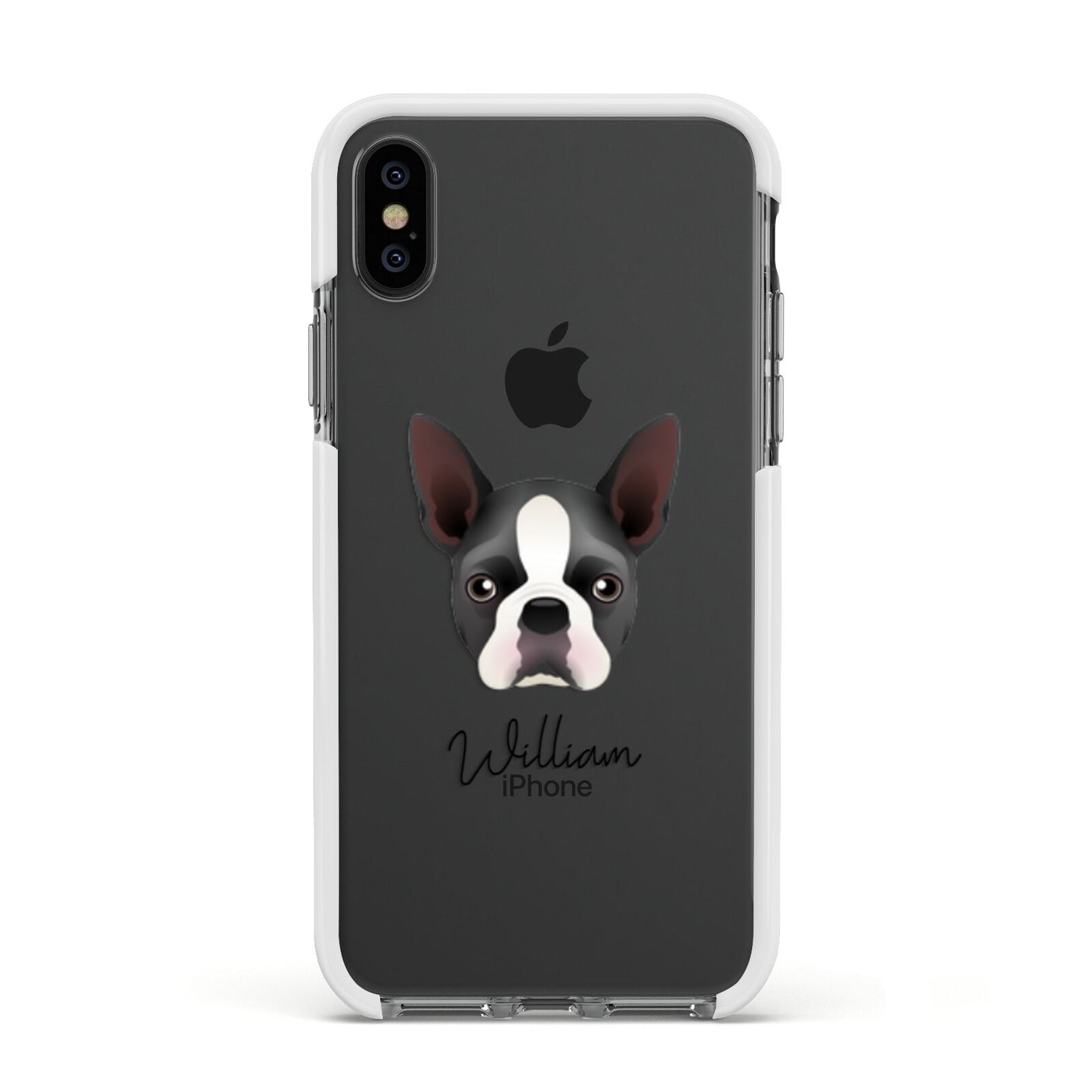 Boston Terrier Personalised Apple iPhone Xs Impact Case White Edge on Black Phone