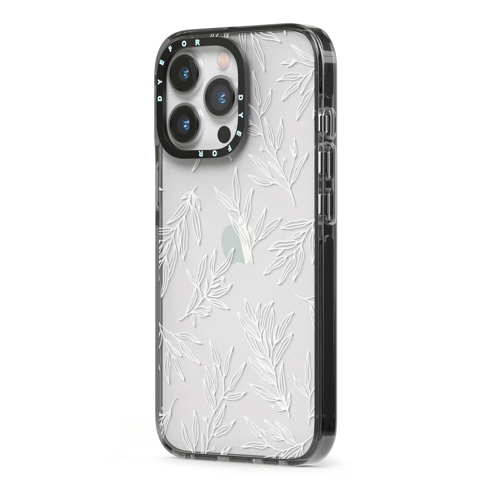 Botanical Leaf iPhone 13 Pro Black Impact Case Side Angle on Silver phone