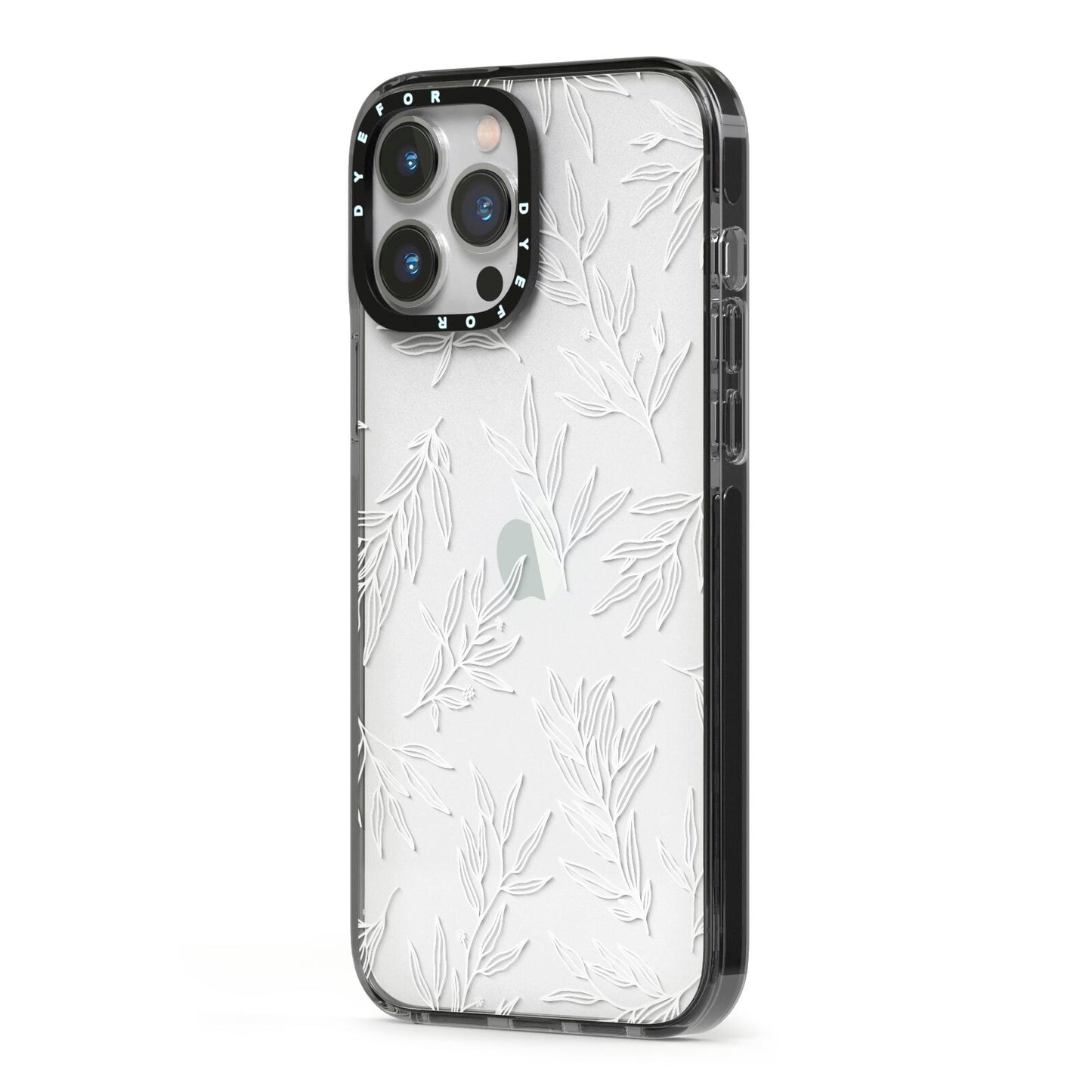 Botanical Leaf iPhone 13 Pro Max Black Impact Case Side Angle on Silver phone