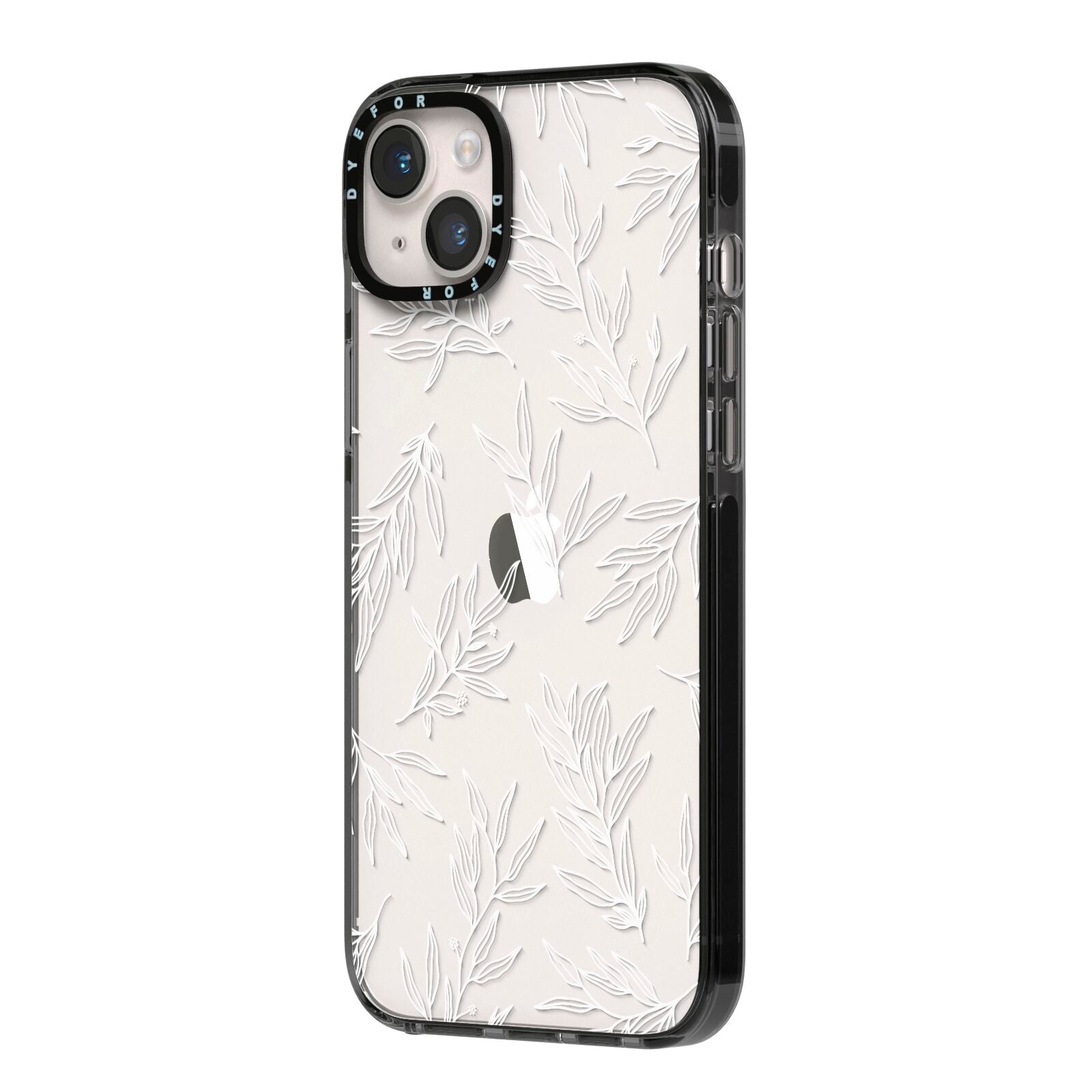 Botanical Leaf iPhone 14 Plus Black Impact Case Side Angle on Silver phone