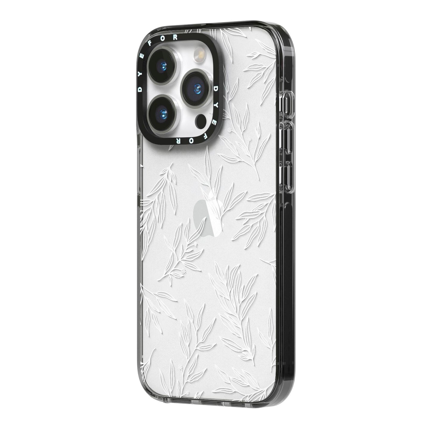 Botanical Leaf iPhone 14 Pro Black Impact Case Side Angle on Silver phone