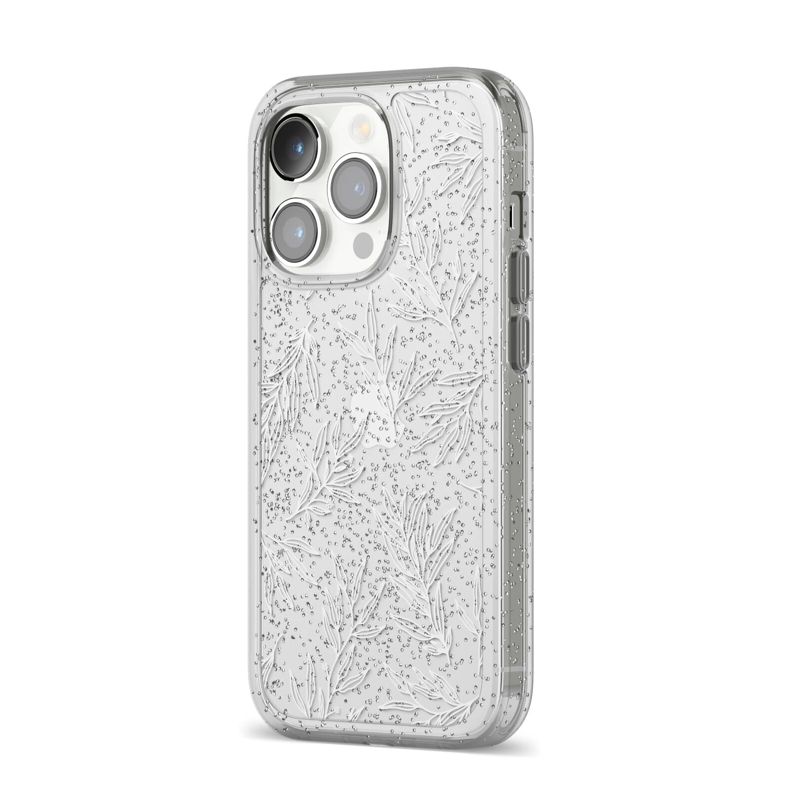 Botanical Leaf iPhone 14 Pro Glitter Tough Case Silver Angled Image