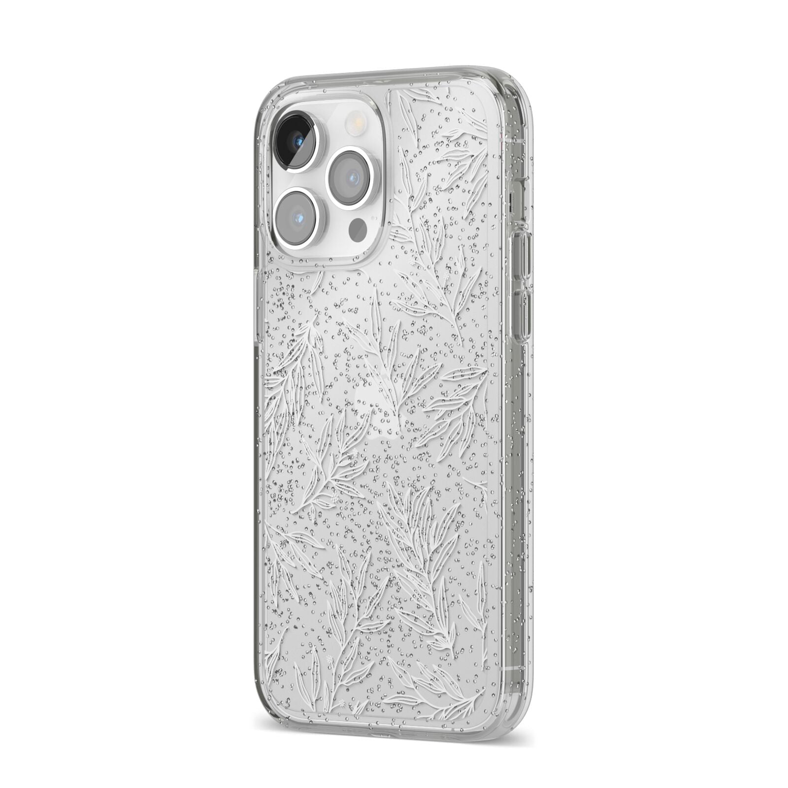 Botanical Leaf iPhone 14 Pro Max Glitter Tough Case Silver Angled Image