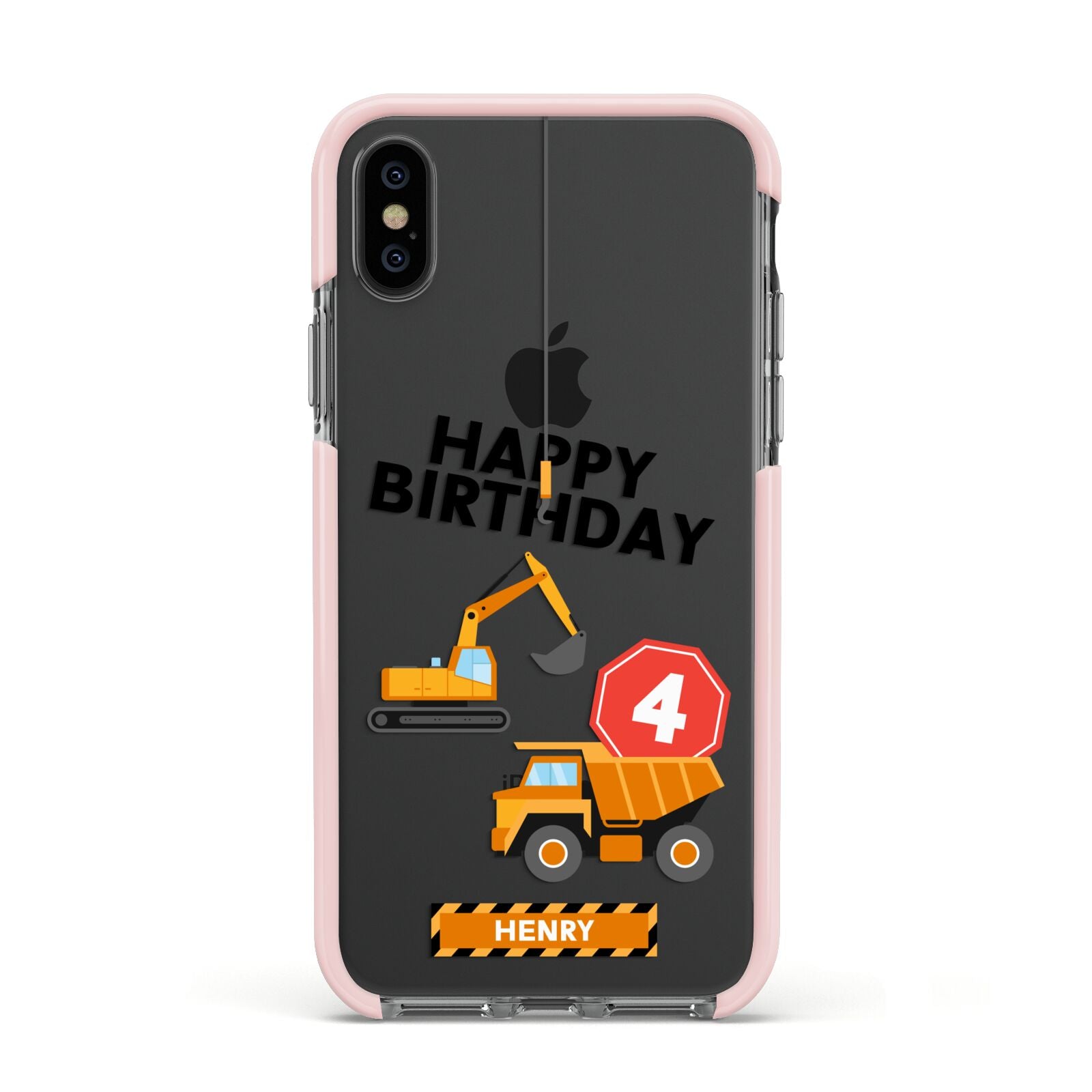 Boys Birthday Diggers Personalised Apple iPhone Xs Impact Case Pink Edge on Black Phone