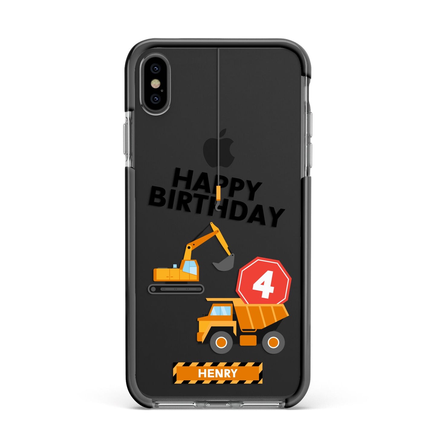 Boys Birthday Diggers Personalised Apple iPhone Xs Max Impact Case Black Edge on Black Phone