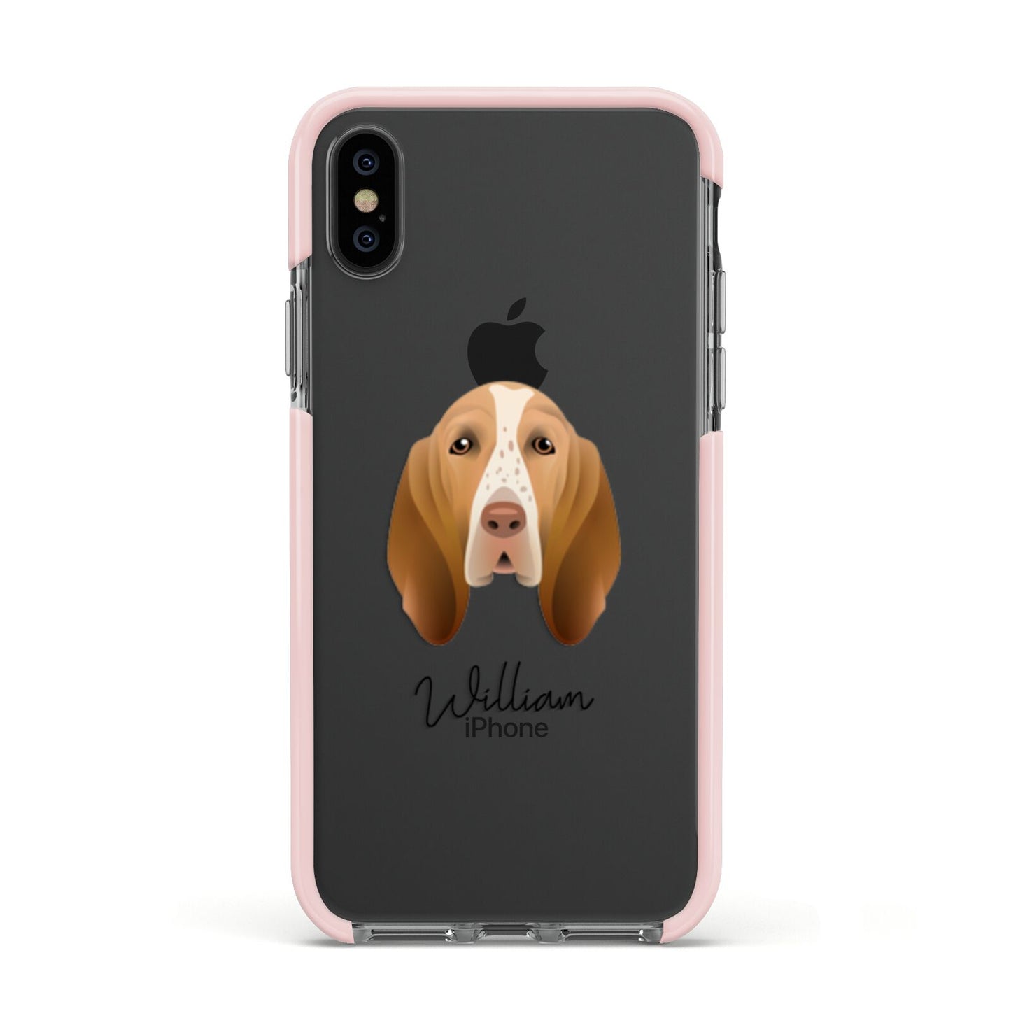 Bracco Italiano Personalised Apple iPhone Xs Impact Case Pink Edge on Black Phone