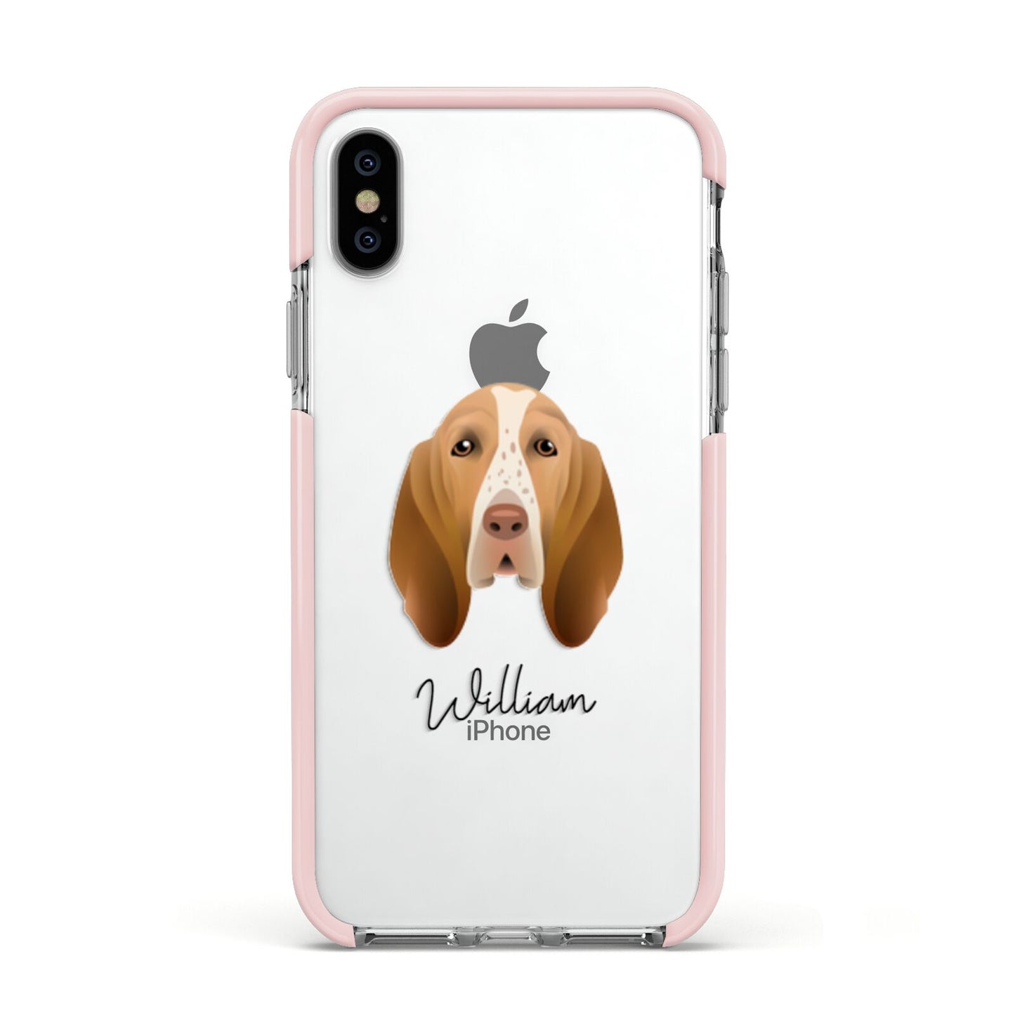 Bracco Italiano Personalised Apple iPhone Xs Impact Case Pink Edge on Silver Phone