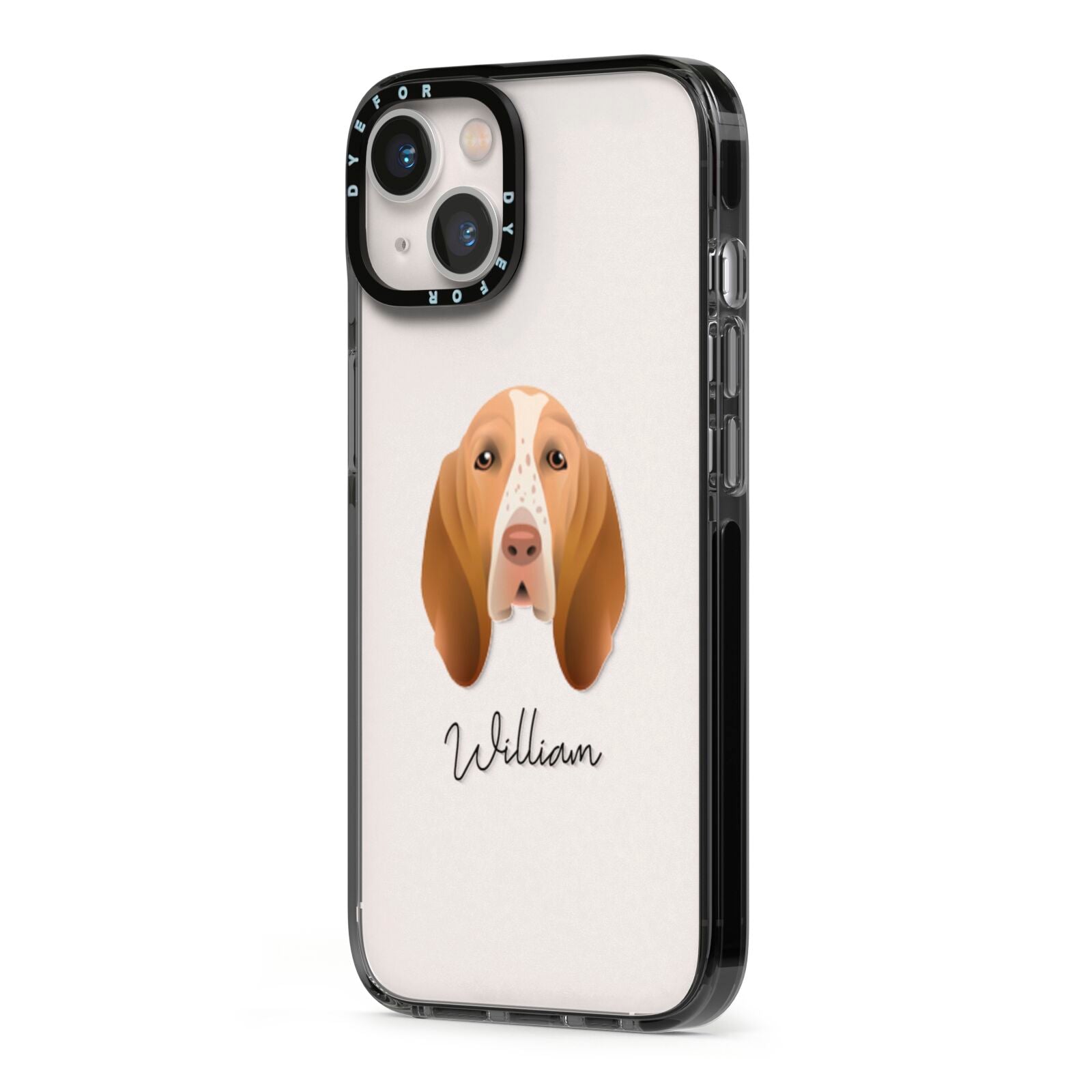 Bracco Italiano Personalised iPhone 13 Black Impact Case Side Angle on Silver phone