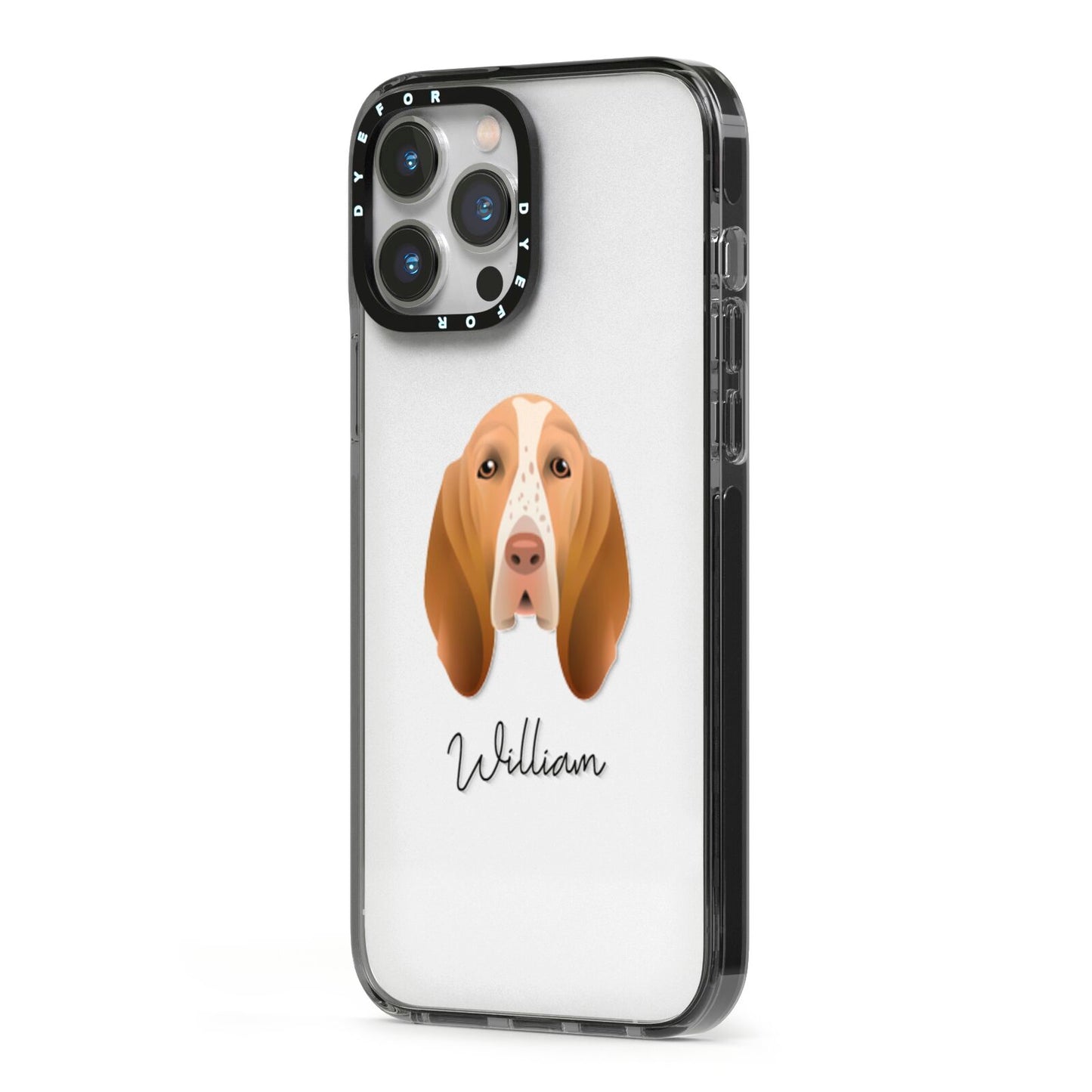 Bracco Italiano Personalised iPhone 13 Pro Max Black Impact Case Side Angle on Silver phone