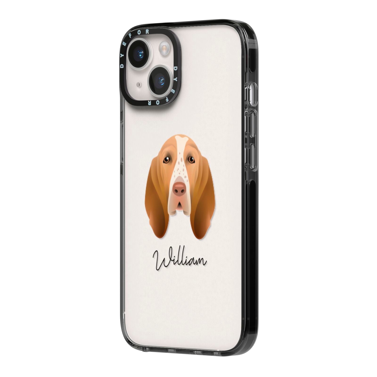 Bracco Italiano Personalised iPhone 14 Black Impact Case Side Angle on Silver phone