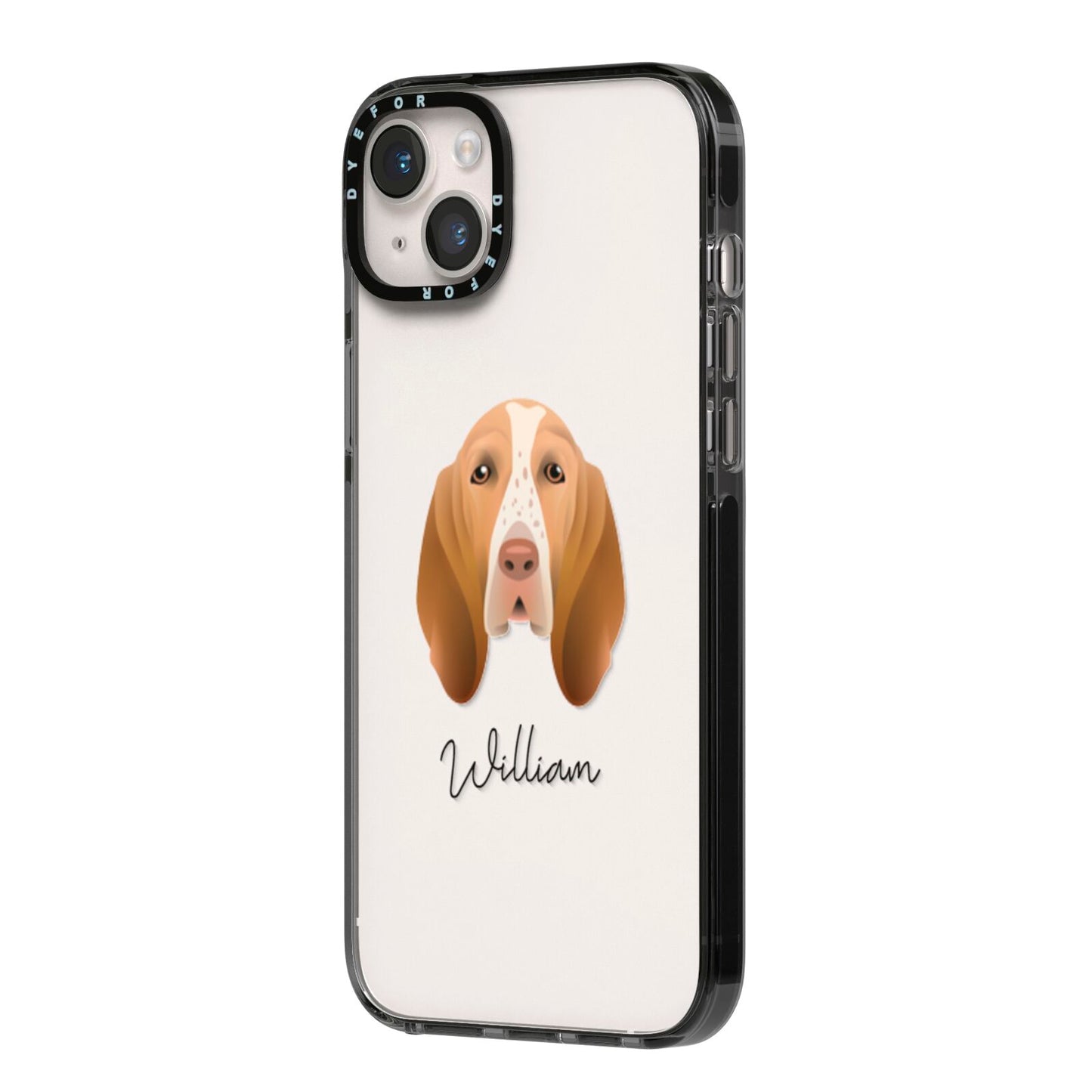 Bracco Italiano Personalised iPhone 14 Plus Black Impact Case Side Angle on Silver phone