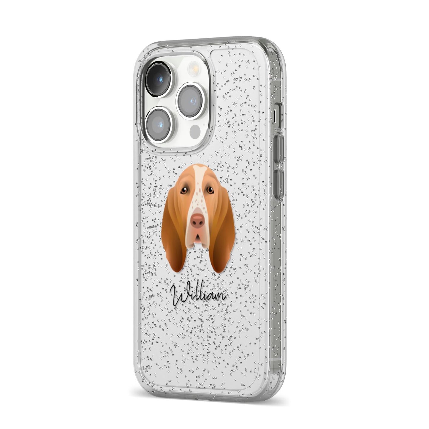 Bracco Italiano Personalised iPhone 14 Pro Glitter Tough Case Silver Angled Image