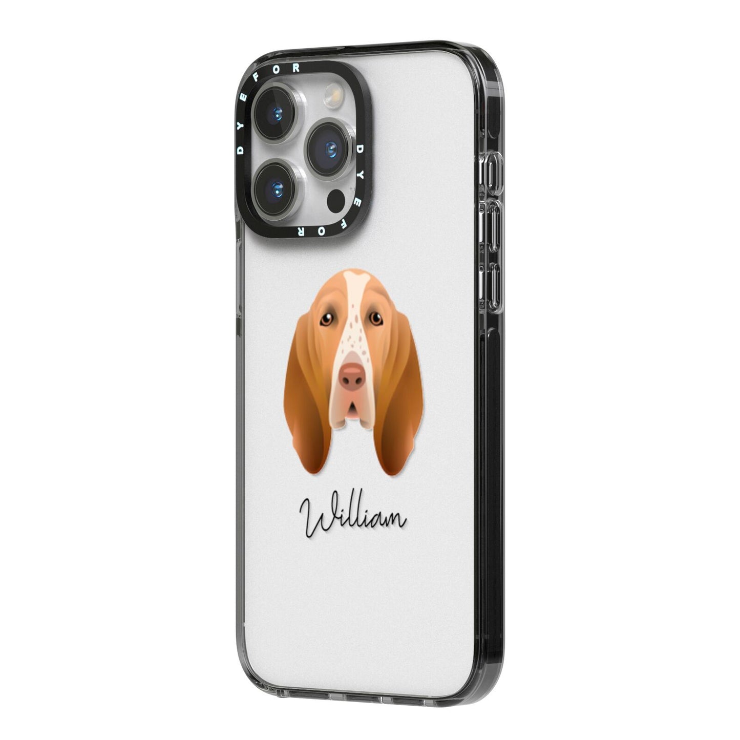 Bracco Italiano Personalised iPhone 14 Pro Max Black Impact Case Side Angle on Silver phone