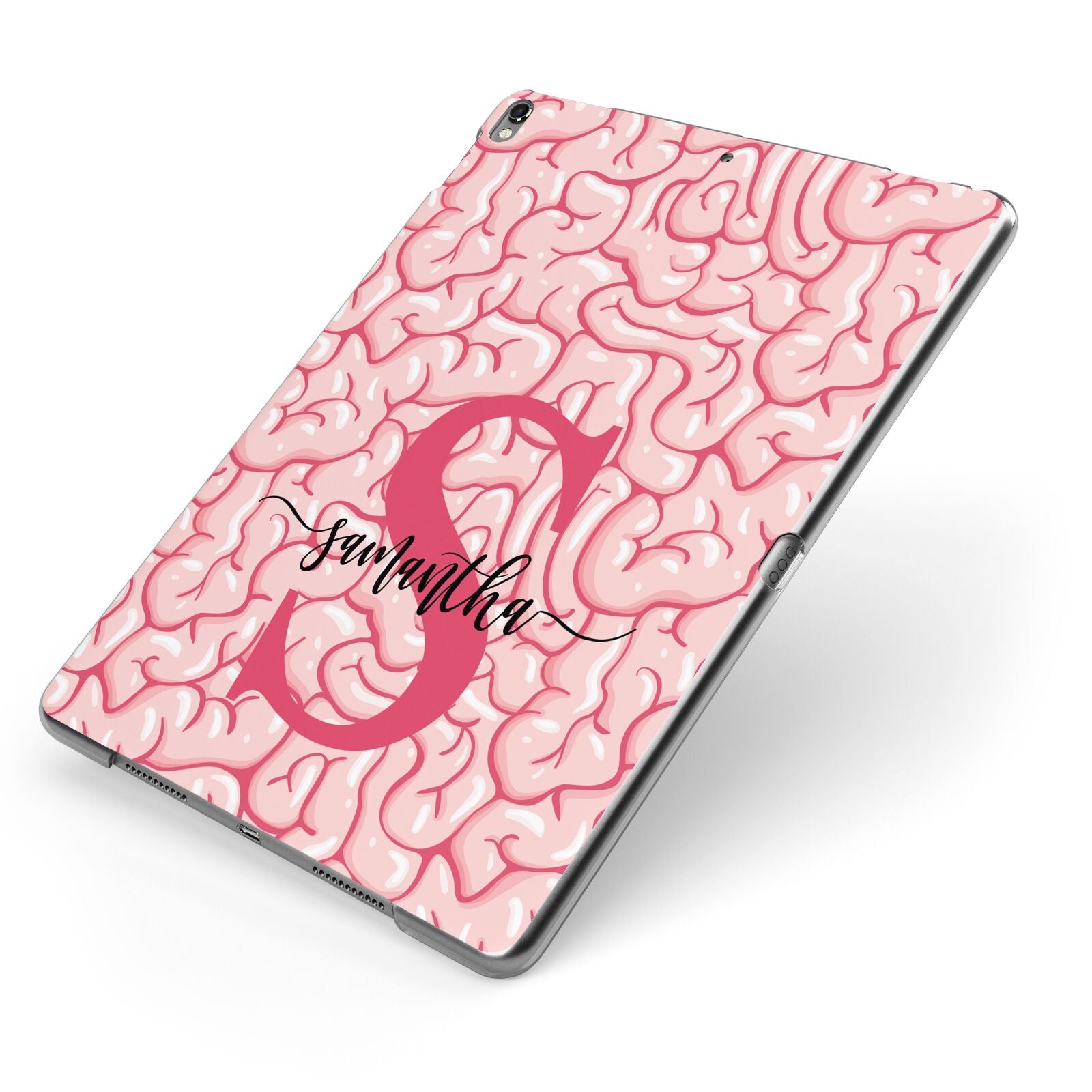 Brain Background with Monogram and Text Apple iPad Case on Grey iPad Side View