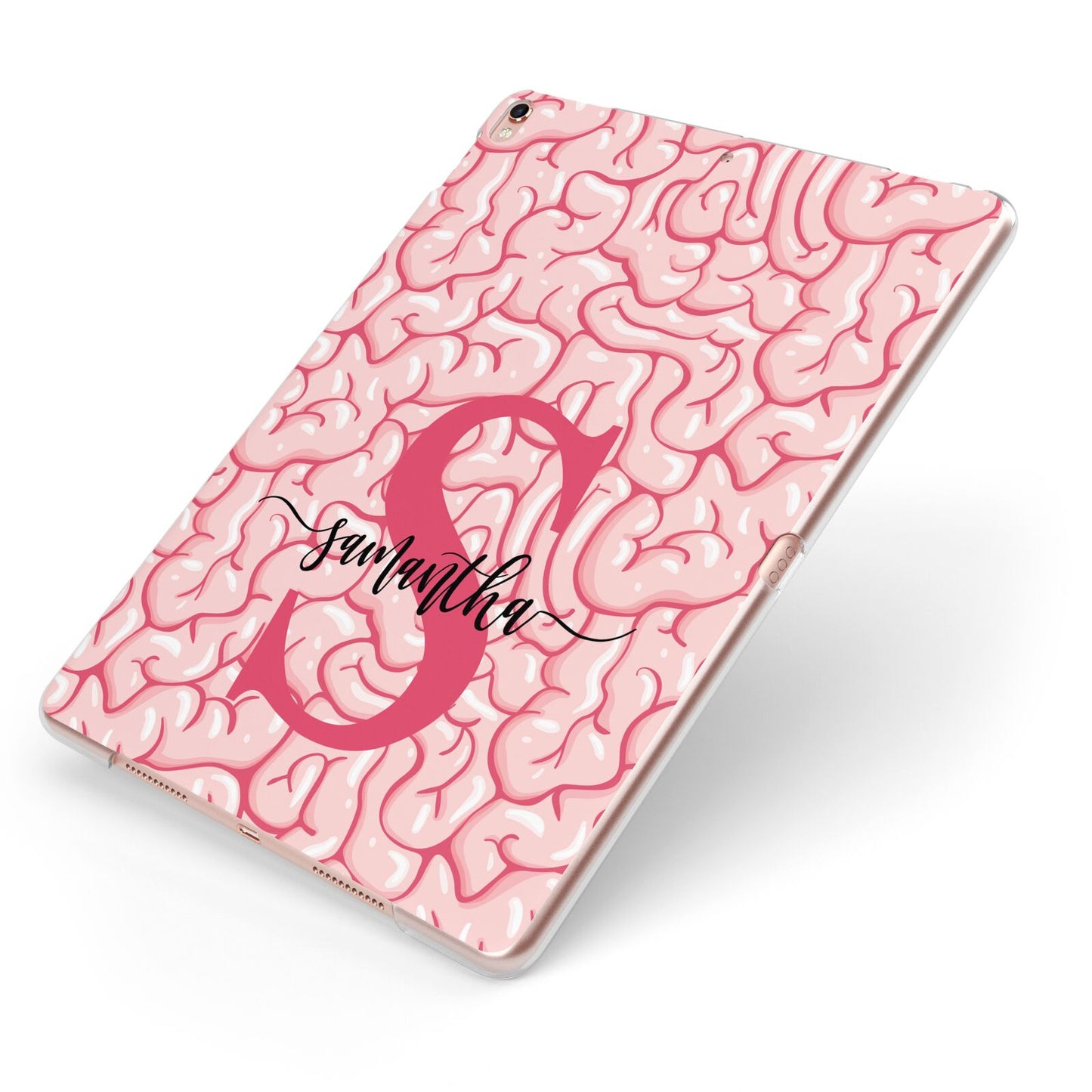 Brain Background with Monogram and Text Apple iPad Case on Rose Gold iPad Side View