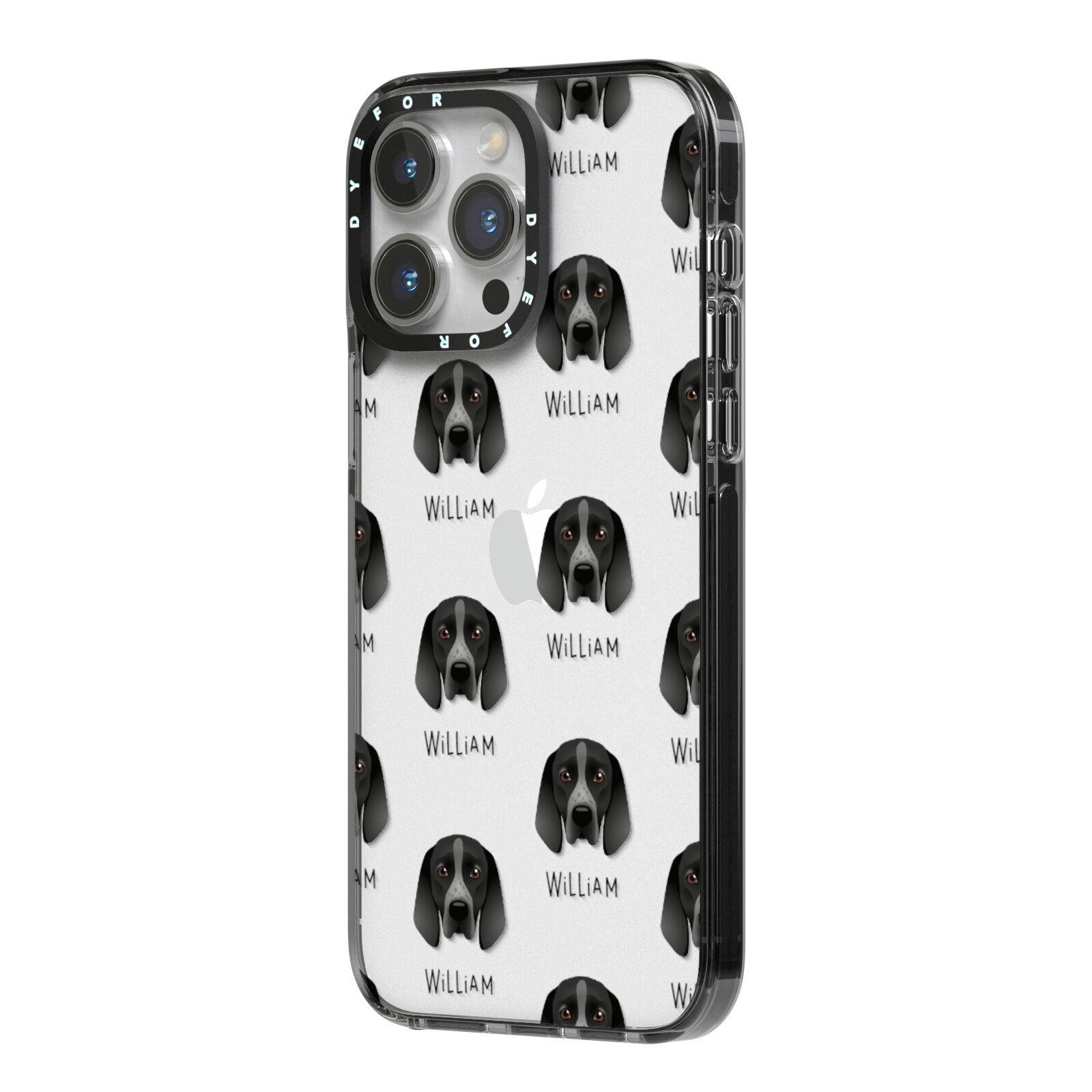 Braque D Auvergne Icon with Name iPhone 14 Pro Max Black Impact Case Side Angle on Silver phone