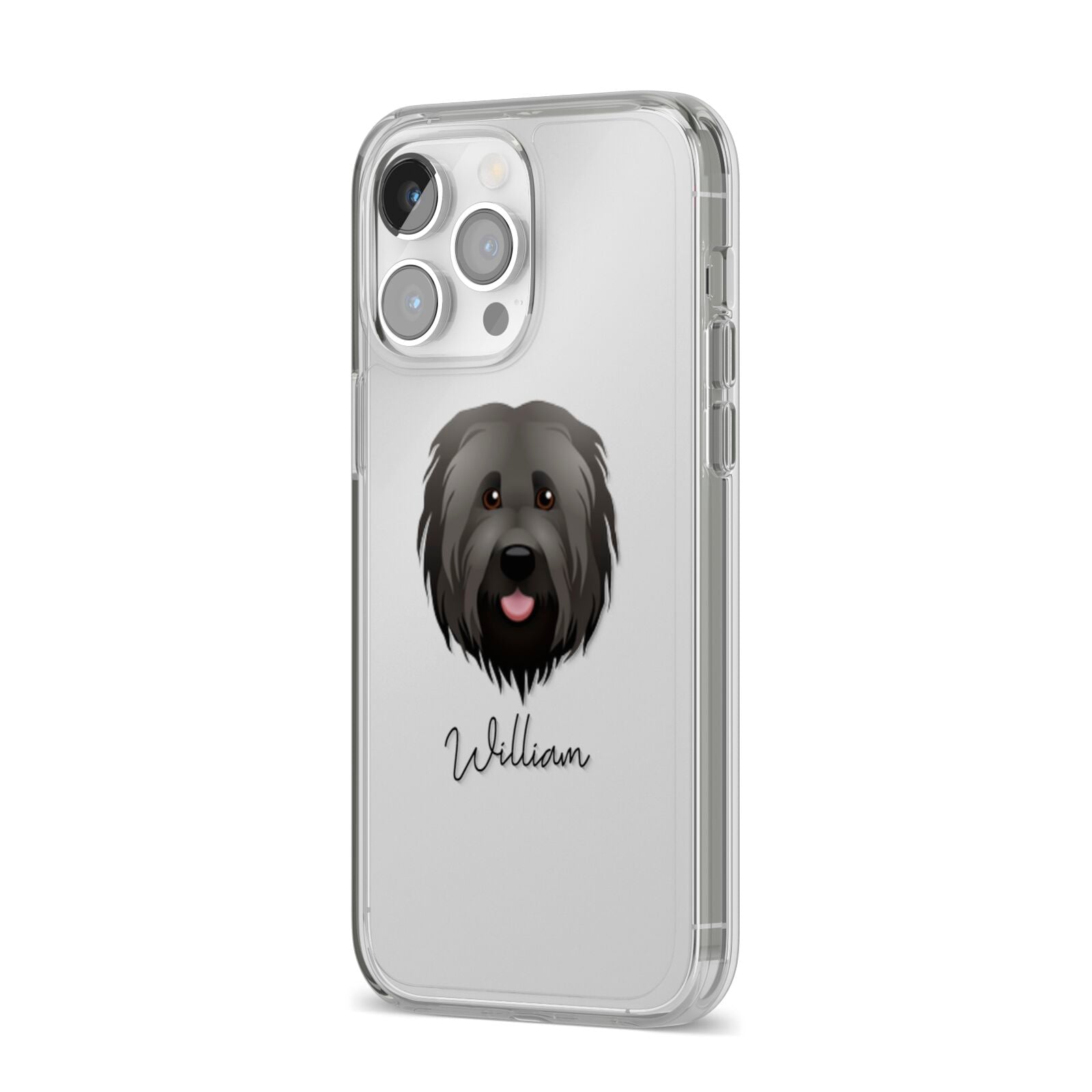 Briard Personalised iPhone 14 Pro Max Clear Tough Case Silver Angled Image