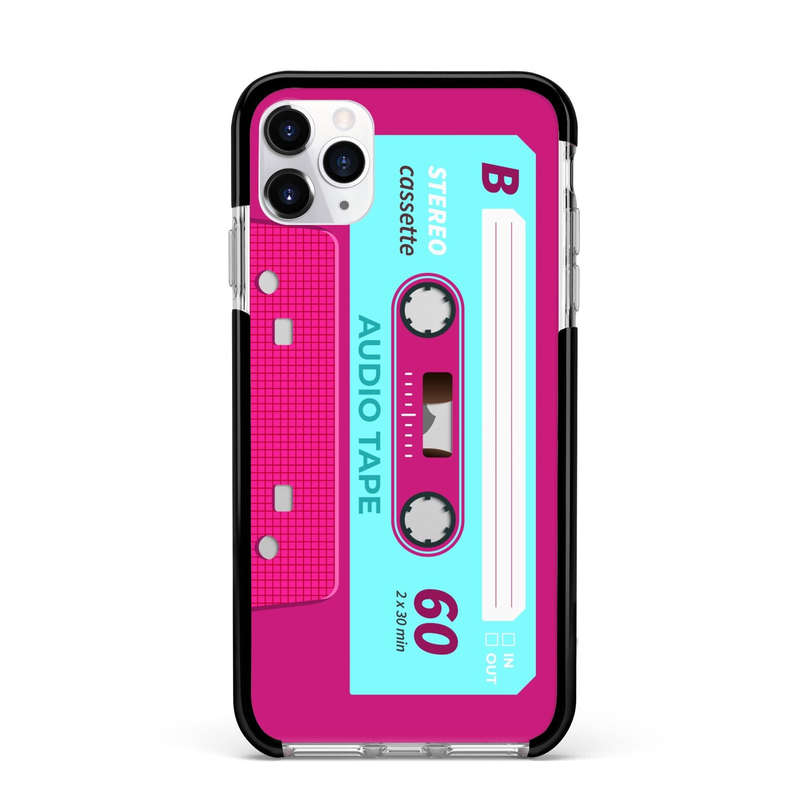 Bright Pink Cassette Tape Apple iPhone 11 Pro Max in Silver with Black Impact Case