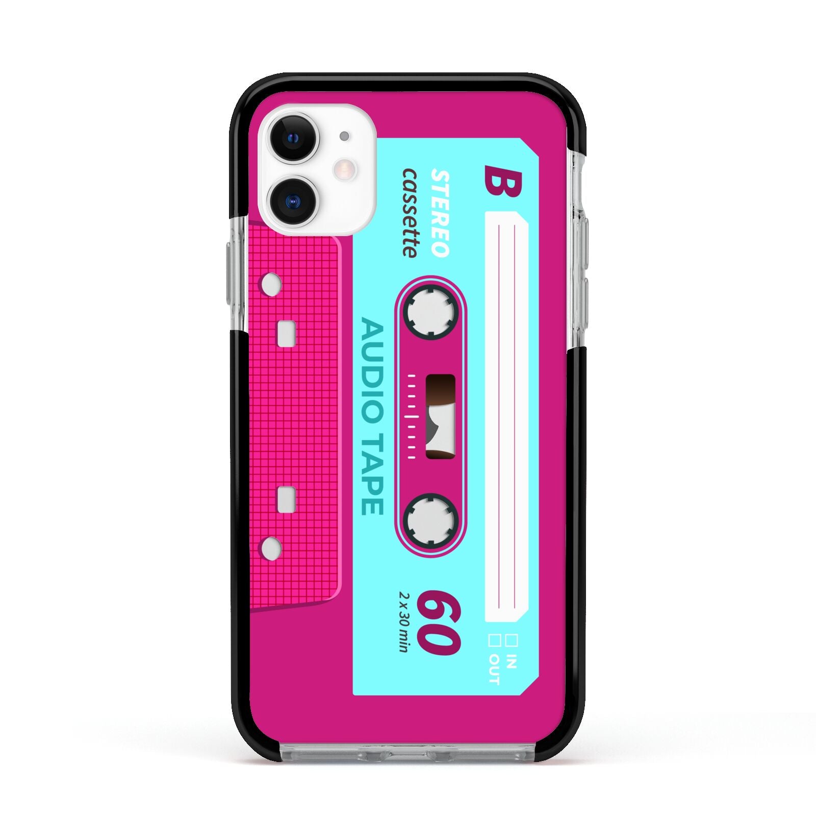 Bright Pink Cassette Tape Apple iPhone 11 in White with Black Impact Case