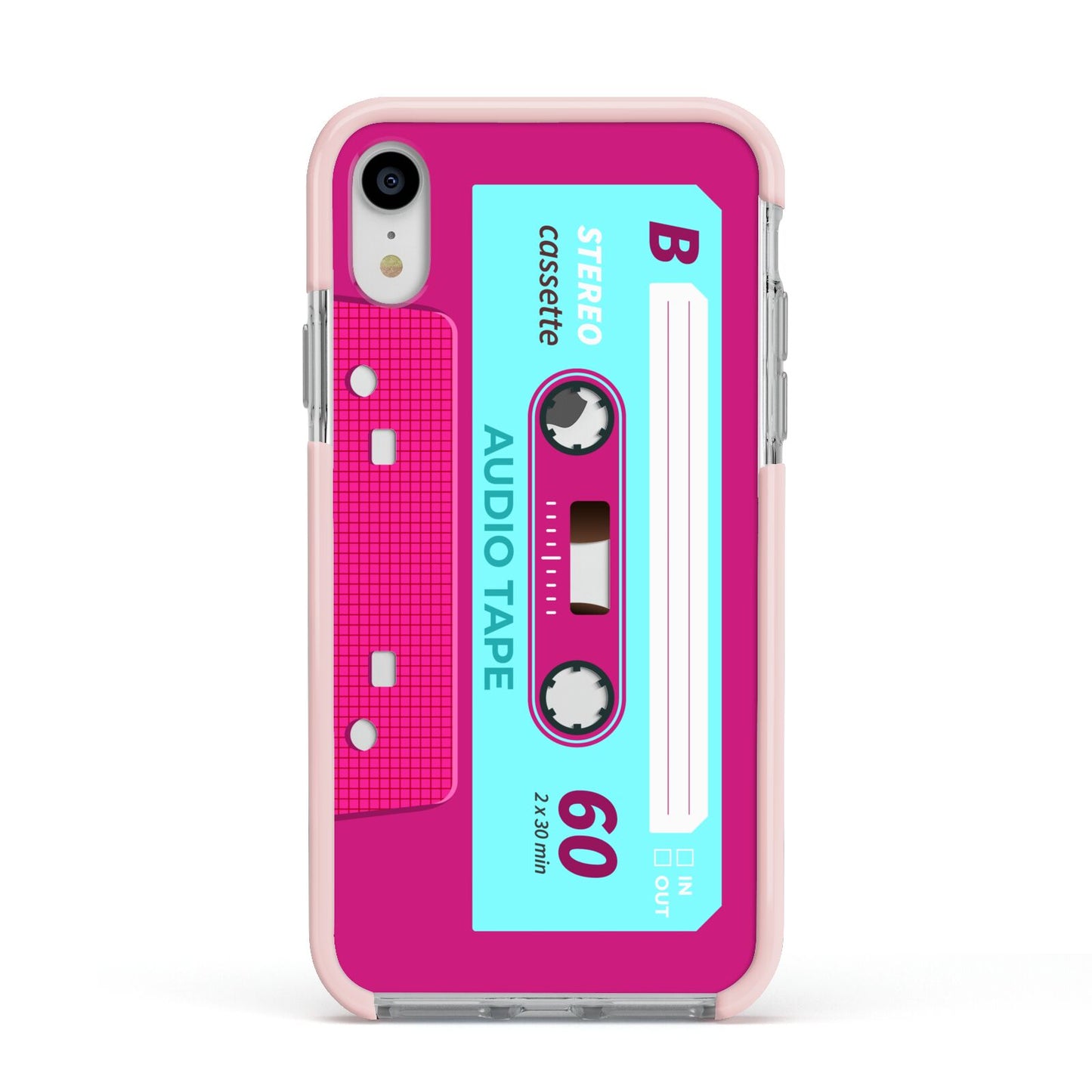 Bright Pink Cassette Tape Apple iPhone XR Impact Case Pink Edge on Silver Phone