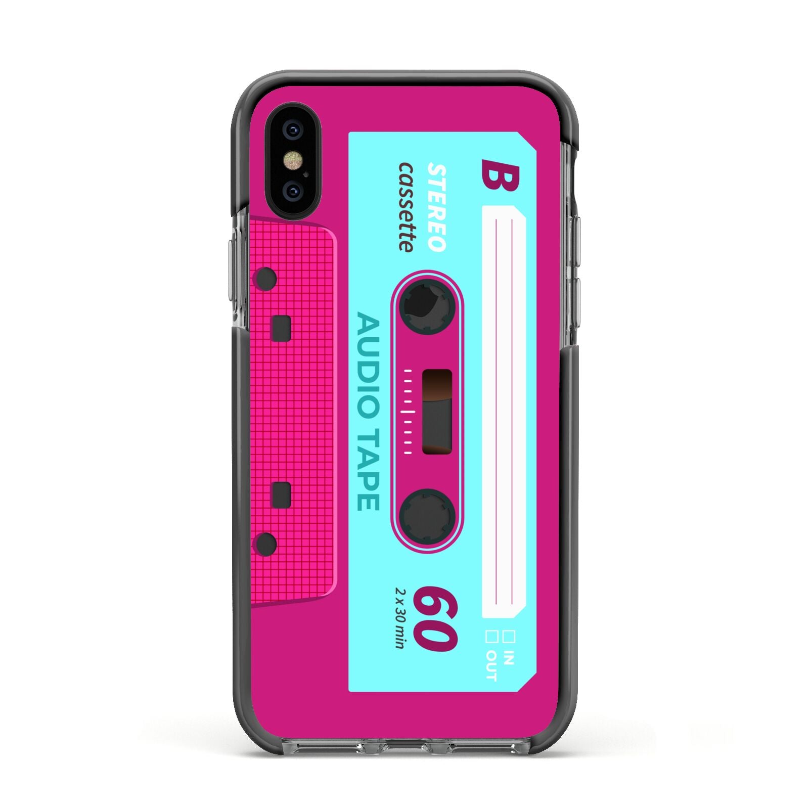 Bright Pink Cassette Tape Apple iPhone Xs Impact Case Black Edge on Black Phone