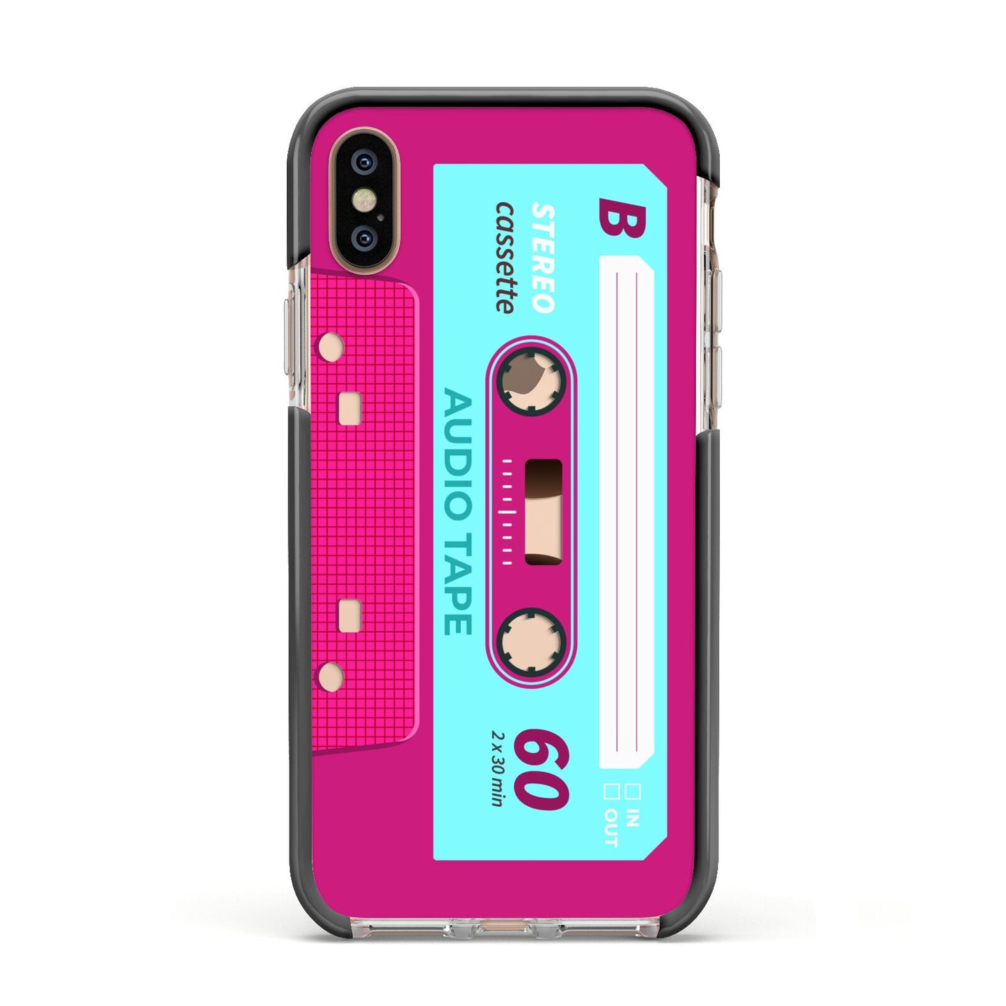 Bright Pink Cassette Tape Apple iPhone Xs Impact Case Black Edge on Gold Phone