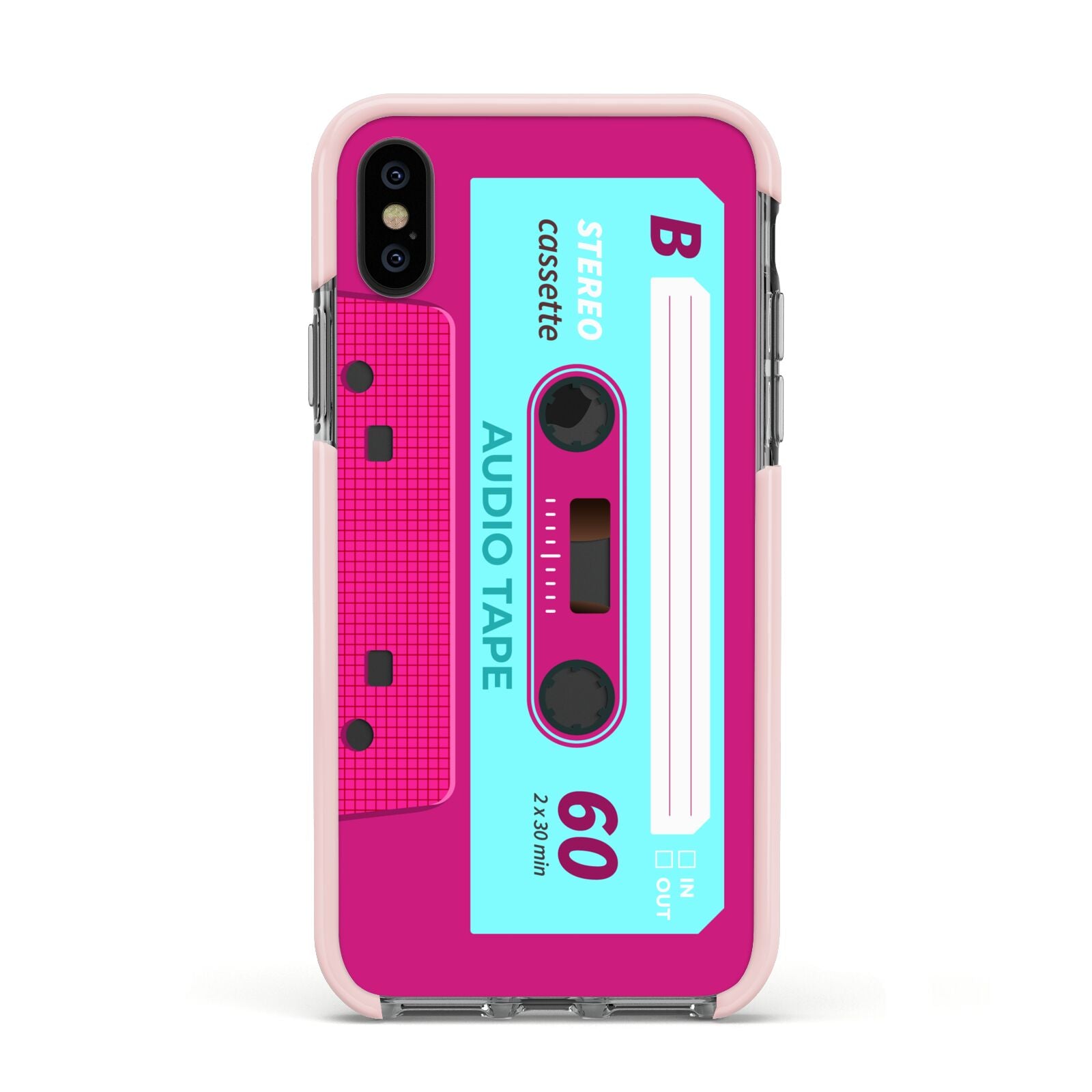 Bright Pink Cassette Tape Apple iPhone Xs Impact Case Pink Edge on Black Phone