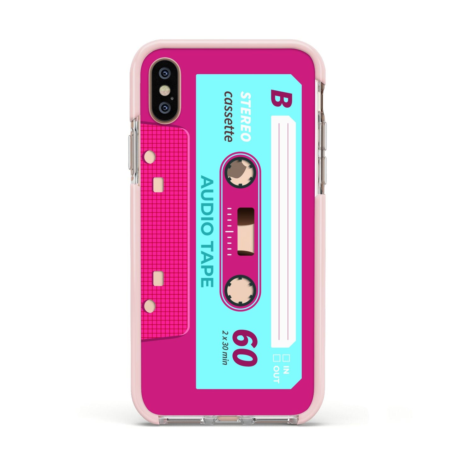 Bright Pink Cassette Tape Apple iPhone Xs Impact Case Pink Edge on Gold Phone