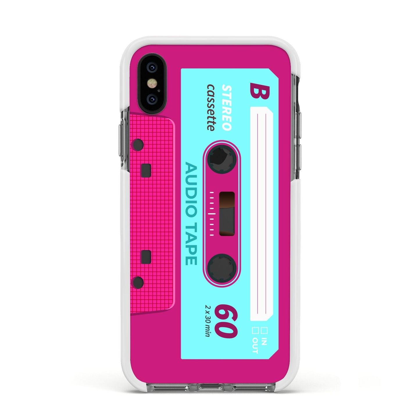 Bright Pink Cassette Tape Apple iPhone Xs Impact Case White Edge on Black Phone