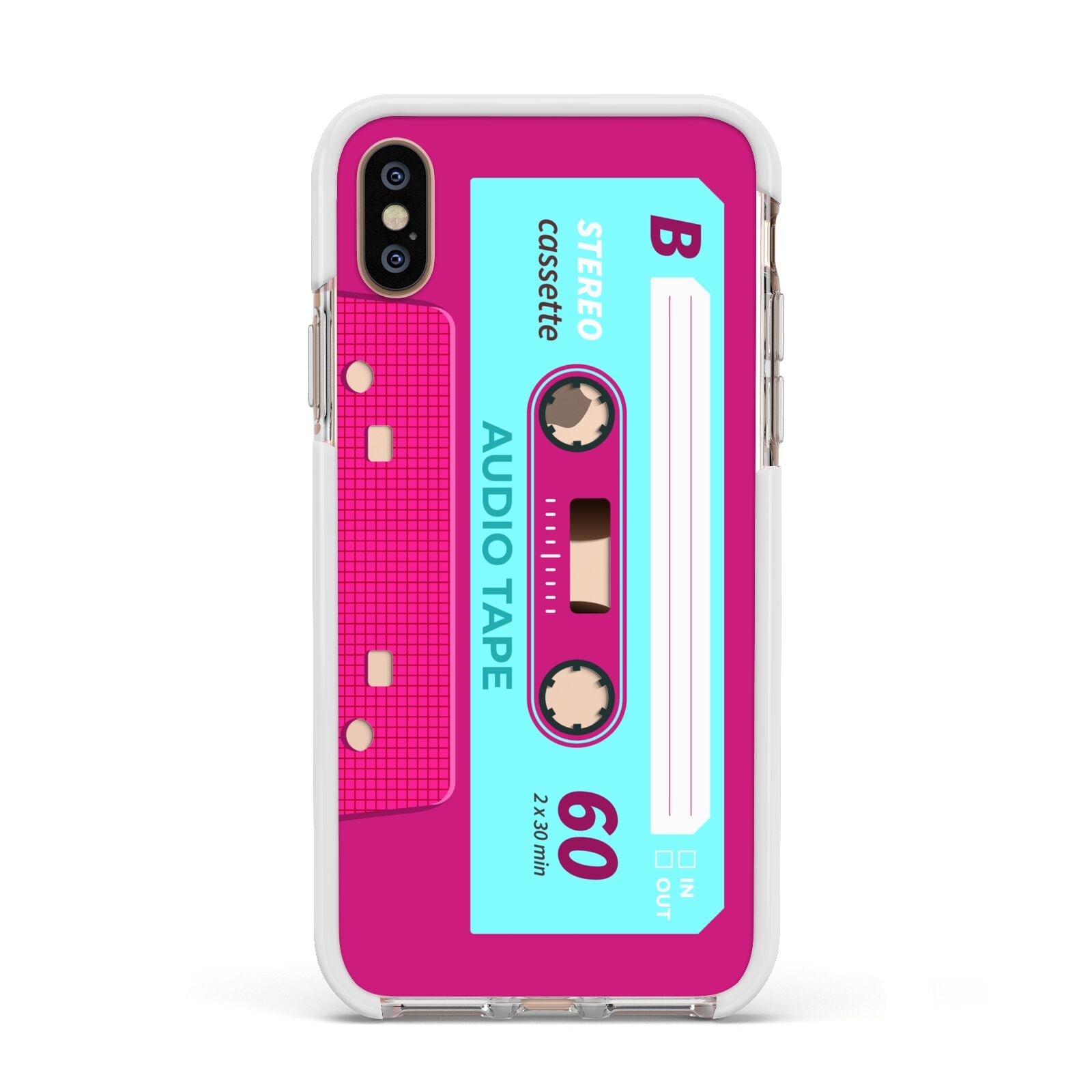 Bright Pink Cassette Tape Apple iPhone Xs Impact Case White Edge on Gold Phone