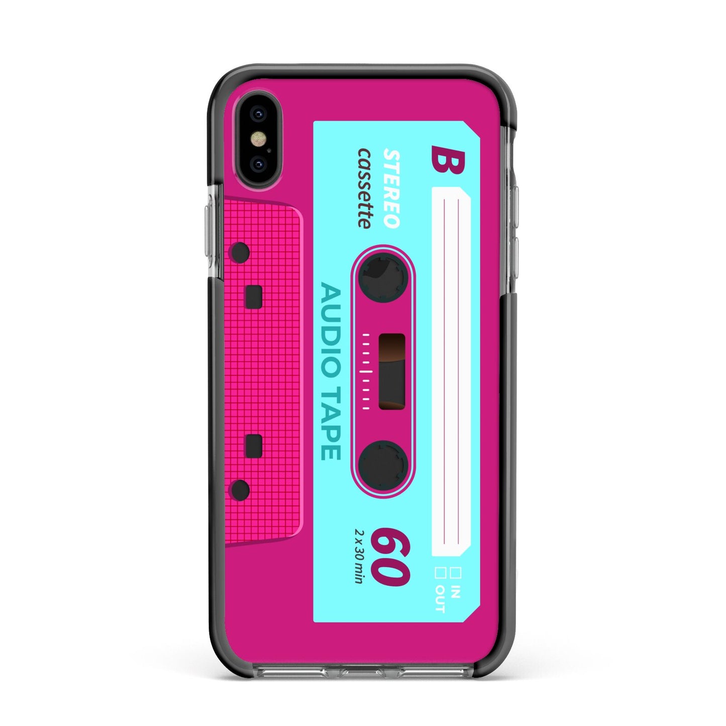 Bright Pink Cassette Tape Apple iPhone Xs Max Impact Case Black Edge on Black Phone